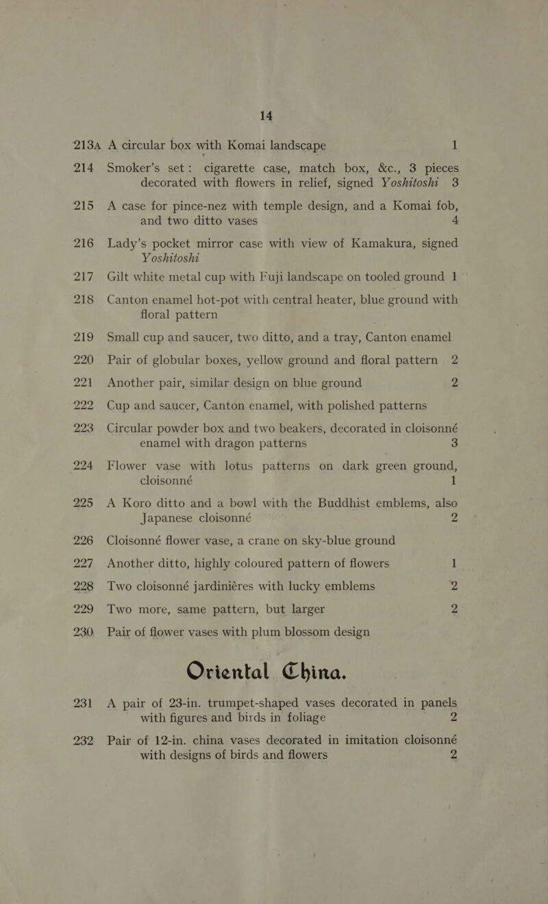 2134 A circular box with Komai landscape 1 214 Smoker’s set: cigarette case, match box, &amp;c., 3 pieces decorated with flowers in relief, signed Yoshitosm 3 215 A case for pince-nez with temple design, and a Komai fob, and two ditto vases 4 216 Lady’s pocket mirror case with view of Kamakura, signed Yoshitoshi 217 Gilt white metal cup with Fuji landscape on tooled ground 1 218 Canton enamel hot-pot with central heater, blue ground with floral pattern | 219 Small cup and saucer, two ditto, and a tray, Canton enamel 220 Pair of globular boxes, yellow ground and floral pattern 2 221 Another pair, similar design on blue ground 2 222 Cup and saucer, Canton enamel, with polished patterns 223 Circular powder box and two beakers, decorated in cloisonné enamel with dragon patterns 3 224 Flower vase with lotus patterns on dark green ground, cloisonné 1 225 &lt;A Koro ditto and a bowl with the Buddhist emblems, also Japanese cloisonné J 226 Cloisonné flower vase, a crane on sky-blue ground 227 Another ditto, highly coloured pattern of flowers 1 228 Two cloisonné jardiniéres with lucky emblems 2 229 Two more, same pattern, but larger 2 230, Pair of flower vases with plum blossom design Oriental China. 231 &lt;A pair of 23-in. trumpet-shaped vases decorated in panels with figures and birds in foliage 2 232 Pair of 12-in. china vases decorated in imitation cloisonné with designs of birds and flowers 2
