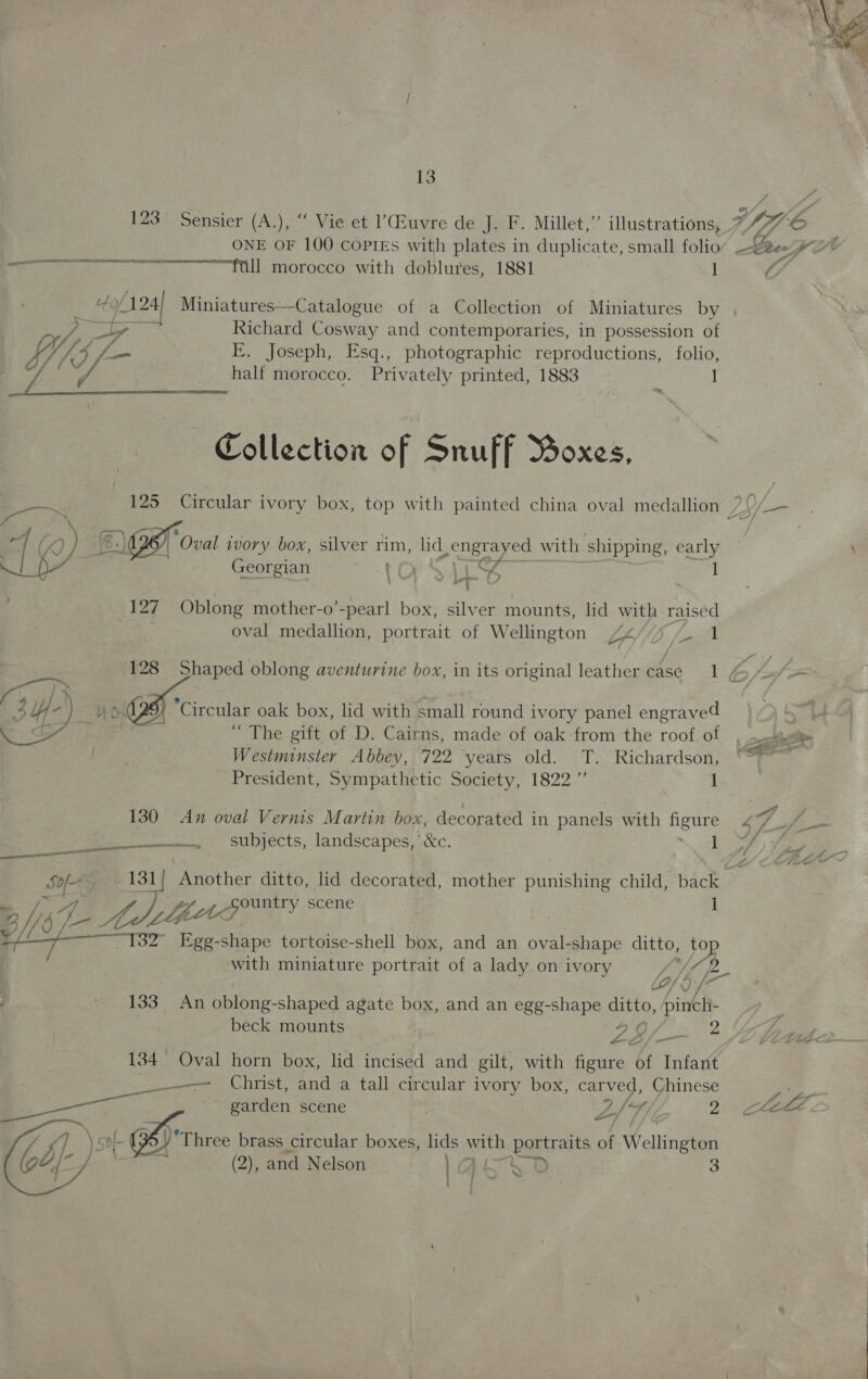 123 Sensier (A.), “ Vie et I’Euvre de J. F. Millet,” illustrations, ———_————t71]]_ morocco with doblures, 1881 : hy 24 Miniatures—Catalogue of a Collection of Miniatures by Le lly Richard Cosway and contemporaries, in possession of Vig 4 Zn. E. Joseph, Esq., photographic reproductions, folio, : 4 apy half morocco. Privately printed, 1883 ui ] Collection of Snuff Boxes, ) EG oval ivory box, silver rim, lid. PUSS with shipping, carly Georgian t (  : = &lt;S4 4 127 Oblong mother-o’-pearl box, silver mounts, lid with raised oval medallion, portrait of Wellington “4/77 / 1 UO. Circular oak box, lid with small round ivory panel engraved . pee ‘“ The gift of D. Cairns, made of oak from the roof of Westminster Abbey, 722 years old. T. Richardson,  President, Sympathetic Society, 1822” 1 130 An oval Vernis Martin box, decorated in panels with ee omens SUDJECtS, landscapes,.vc. 1 ae €2 Sof .: 131/_ Another ditto, lid decorated, mother punishing child, back 32° Egg-shape tortoise-shell box, and an oval-shape ditto, top % 57 Z. yeP Lhe Lcpountry scene j BY) | with miniature portrait of a lady on ivory A UCR LP) Vy f' a 133 An oblong-shaped agate box, and an egg-shape ditto, pinch- beck mounts ice Fe 134 Oval horn box, lid incised and gilt, with figure of Infant _-——— Christ, and a tall circular ivory box, carved, Chinese me garden scene ps /'7  2 yo Br hree brass circular boxes, lids with portraits of W eliinetan (2), and Nelson ) Ae &gt; YB 3 Q i   Y ff