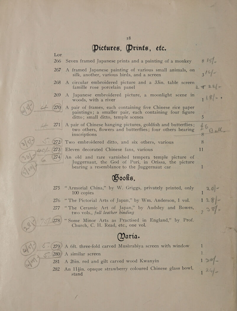 266 267 268 269 270 271 272 273 1274 2795 276 ads 278 ape 281 282 18 Mictures, (Prints, ec. Seven framed Japanese prints and a painting of a monkey A framed Japanese painting of various small animals, on silk, another, various birds, and a screen A circular embroidered picture..and a 33in, table. screen A Japanese embroidered picture, a moonlight scene in woods, with a river . A pair of ‘frames, each containing five Chinese rice paper paintings; a smaller pair, each containing four figure ditto; small ditto, temple-scenesi** | two others, flowers and butterflies; four others bearing inscriptions Two embroidered ditto, and six others, various Eleven decorated Chinese fans, various An old: and rare varnished tempera temple picture of Juggernaut, the God of Puri, in Orissa, the picture bearing a resemblance to the Juggernaut car Books, “ Armorial China,’ by W. Griggs, privately printed, only 100 copies “The Pictorial Arts of Japan,” by Wm. Anderson, 1 vol. two vols., full leather binding “Some Minor Arts as Practised in England,” by Prof. Church’, HeReadeetes one vol: Marta. A 6ft. three-fold carved Mushrabiya screen with window A similar screen A 26in. red and gilt carved wood Kwanyin An 114in. opaque strawberry coloured Chinese glass bowl, stand 1 SN) Q EST. 34 4 A af = 1 (