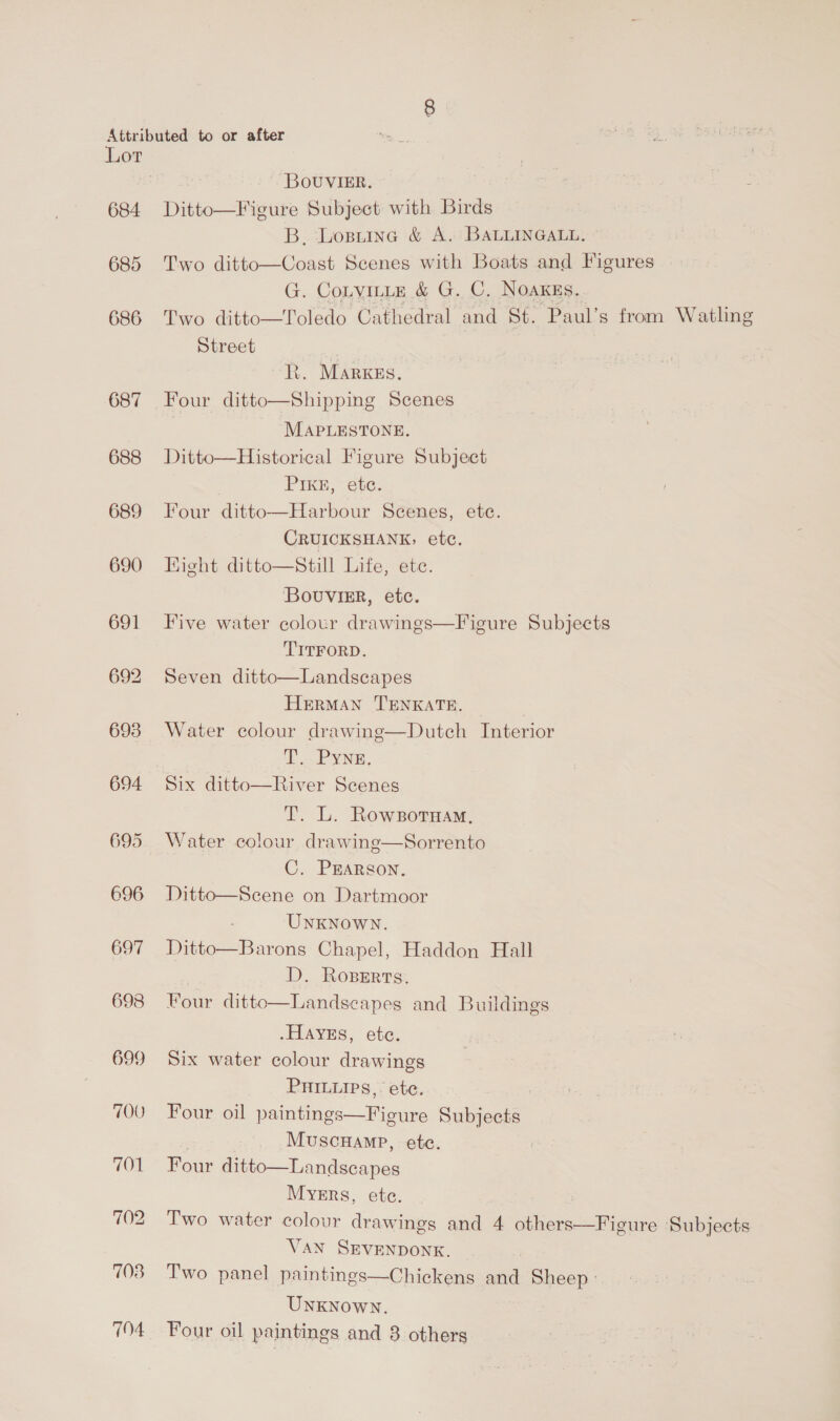 687 688 689 690 691 693 694 695 696 697 698 699 TOO 701 ~1 =) NG) 703 7104 BovuvigER. Ditto—Figure Subject with Birds B. Losiine &amp; A.) BALLINGALL: Two ditto—Coast Scenes with Boats and Figures G. CotvitLe &amp; G. C, Noakgs. Two ditto—Toledo Cathedral and St. Paul’s from Watling Street | R. MarKEs. MAPLESTONE. Ditto—Historical Figure Subject PIKE, etc. Four ditto—Harbour Scenes, ete. CRUICKSHANK; etc. Hight ditto—still Life, ete. BouviER, etc. Five water colour drawings—Fieure Subjects TITFORD. Seven ditto—Landscapes HERMAN TENKATE. Water colour drawinge—Dutch Interior T.... PYNE, Six ditto—River Scenes T. L. Rowzsornam, Water colour drawing—Sorrento C. PEARSON. Ditto—Scene on Dartmoor UNKNOWN. Ditto—Barons Chapel, Haddon Hall D. Roperts. Landscapes and Buildings .HAyzEs, ete. Six water colour drawings PHInurrs,. ete. Four oil paintings—Figure Subjects | Muscuanmp, ete. Four ditto—Landscapes Myers, ete. Two water colour drawings and 4 others—Figure Subjects VAN SEVENDONK. | | Two panel paintings—Chickens and Sheep : UNKNOWN. , Four oil paintings and 3 others Four ditto 