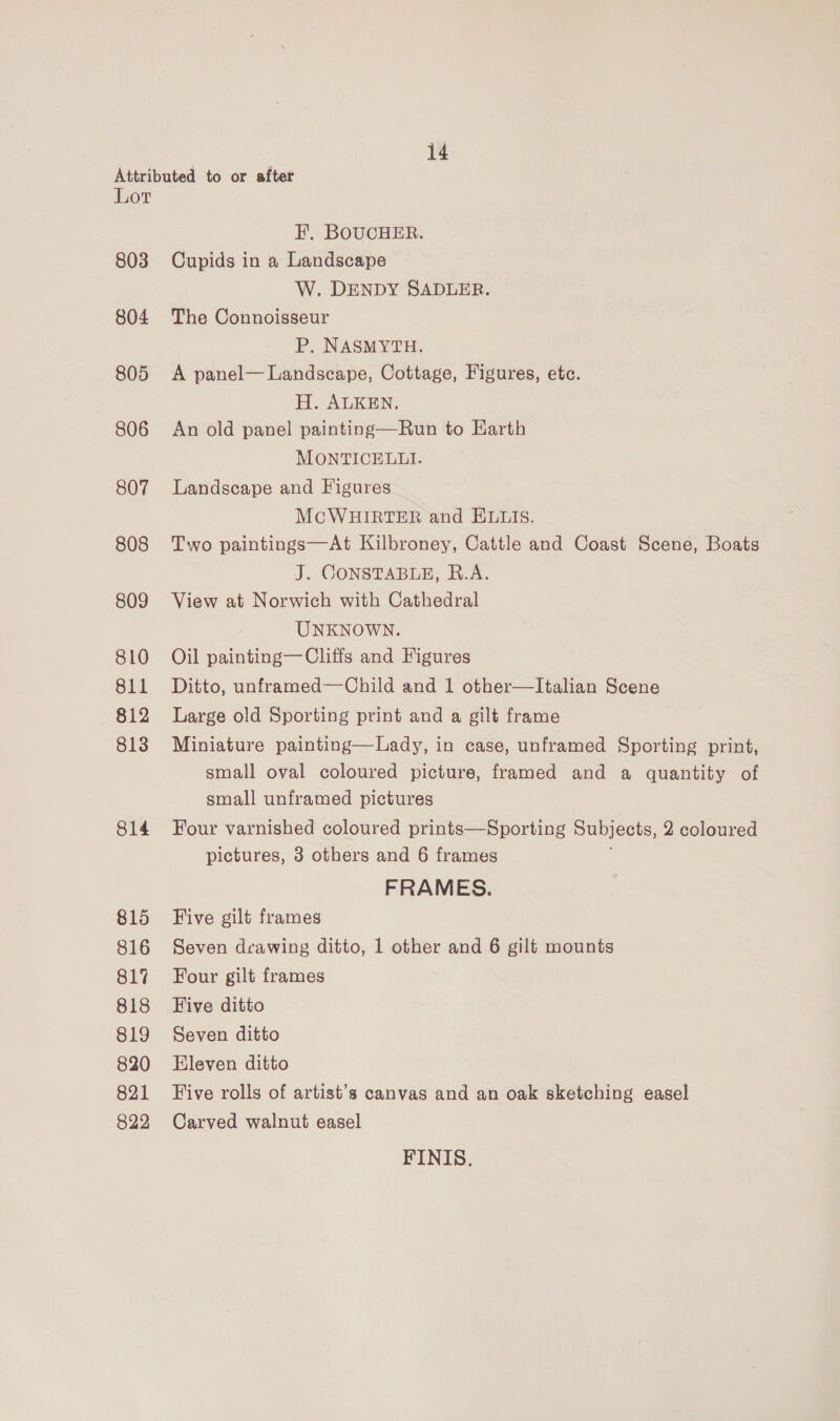 Attributed to or after Lot EF, BOUCHER. 803 Cupids in a Landscape W. DENDY SADLER. 804 The Connoisseur P,. NASMYTH. 805 <A panel— Landscape, Cottage, Figures, etc. H. ALKEN. 806 An old panel painting—Run to Earth MONTICELLI. 807 Landscape and Figures McWHIRTER and ELLIS. 808 Two paintings—At Kilbroney, Cattle and Coast Scene, Boats J. CONSTABLE, R.A. 809 View at Norwich with Cathedral UNKNOWN. 810 Oil painting—Cliffs and Figures 811 Ditto, unframed—Child and 1 other—lItalian Scene 812 Large old Sporting print and a gilt frame 818 Miniature painting—Lady, in case, unframed Sporting print, small oval coloured picture, framed and a quantity of small unframed pictures 814 Four varnished coloured prints—Sporting Subjects, 2 coloured pictures, 3 others and 6 frames , FRAMES. 815 Five gilt frames 816 Seven drawing ditto, 1 other and 6 gilt mounts 817 Four gilt frames 818 Five ditto 819 Seven ditto 820 EHleven ditto 821 Five rolls of artist’s canvas and an oak sketching easel 822 Carved walnut easel FINIS.