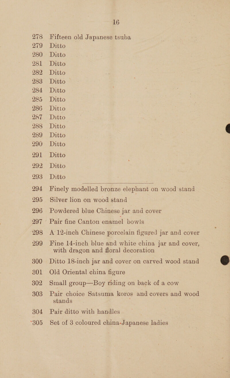 16 Fifteen old Japanese tsuba Ditto Ditto Ditto Ditto Ditto Ditto Ditto Ditto Ditto Ditto Ditto Ditto Ditto Ditto Ditto  Finely modelled bronze elephant on wood stand Silver lion on wood stand Powdered blue Chinese jar and cover A 12-inch Chinese porcelain figured jar and cover Fine 14-inch blue and white china jar and cover, with dragon and floral decoration Ditto 18-inch jar and cover on carved wood stand Old Oriental china figure Small group—Boy riding on back of a cow stands Pair ditto with handles Set of 3 coloured china-Japanese ladies 