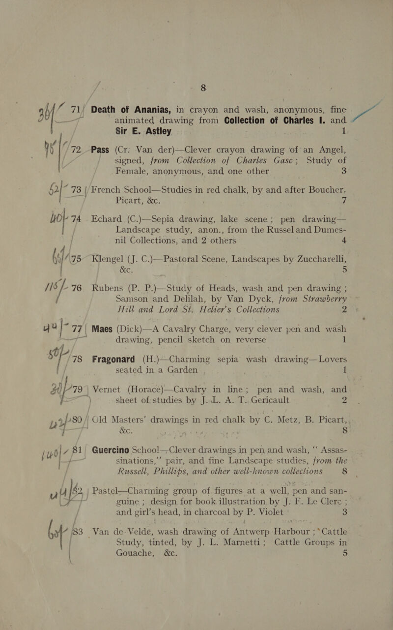 animated drawing from Collection of Charles I. and Sir E. Astley ) 1 Pass (Cr: Van der)—Clever crayon drawing of an Angel, signed, from Collection of Charles Gasc; Study 3 Female, anonymous, and one other Picart, &amp;c. 7 Echard (C.)—Sepia drawing, lake scene; pen drawing— Landscape study, anon., from the Russel and Dumes- nil Collections, and 2 others 4 Klengel (J. C.)—Pastoral Scene, Landscapes by Zuccharelli, &amp;c. 5 Rubens (P. P.)—Study of Heads, wash and pen drawing ; Samson and Delilah, by Van Dyck, from Strawberry Hill and Lord St. Helier’s Collections 2 Maes (Dick)—A Cavalry Charge, very clever pen and wash drawing, pencil sketch on reverse 1 Fragonard (H.)—Charming sepia’ wash drawing—Lovers seated in a Garden , . 1 sheet of: studies by J..L. A. T., Gericault 2 &amp;c. Lee } 8 sinations,”’ pair, and fine Landscape studies, from the  Russell, Phillips, and other well-known collections 8 | and san- guine ; design for book illustration by J. F. Le Clerc ; and girl’s head, in charcoal by P. Violet 3 Study, tinted, by J. L. Marnetti; Cattle Groups in Gouache, &amp;c. 5