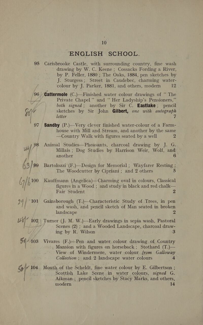 95 j/ ff 69/ b 19° 24) ~101 aie 102 10 ENGLISH SCHOOL. Carisbrooke Castle, with surrounding country, fine wash ' drawing by W. C. Keene ; Cossacks Fording a River, by P. Feller, 1880 ; The Oaks, 1884, pen sketches by J. Sturgess; Street in Caudebec, charming water- colour by J. Parker, 1881, and others, modern iz Cattermole (C.)—Finished water colour drawings of ‘“‘ The Private Chapel’’ and “‘ Her Ladyship’s Pensioners,”’ both signed; another by Sir C. Eastlake; pencil sketches by Sir John Gilbert, one with autograph letter 7 Sandby (P.)—Very clever finished water-colour of a Farm- house with Mill and Stream, and another by the same —Country Walk with figures seated by a well 2 Animal Studies—Pheasants, charcoal drawing by J. G. Millais ; Dog Studies by Harrison Weir, Wolf, and another 6 Design for Memorial Q Wayfarer Resting ; Bartolozzi’ (F.)— and 2 others 5 The Woodcutter by Cipriani ; Kauffmann (Angelica)—Charming oval in colours, Classical figures in a Wood ; and study in black and red chalk— Fair Student 2 Gainsborough (T.)—Characteristic Study of Trees, in pen and wash, and pencil sketch of Man seated in broken landscape 2 Scenes (2) ; and a Wooded ee charcoal draw- ing by R. Wilson 3 Vivares (F.)—Pen and water colour drawing of Country Mansion with figures on horseback ; Stothard (T.)— View of Windermere, water -colour. from Galloway . Collection ; and 2 landscape water colours 4 Scottish Lake Scene in water colours, signed G. Aikman ;; _ pencil sketches by Stacy Marks, and others, modern 14