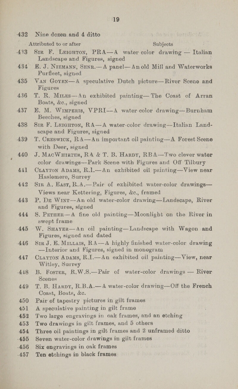 432 4593 435 436 A437 438 439 440 441 443 444 Add 446 A448 449 450 451 452 453 454 -455 456 457 19 Nine dozen and 4 ditto one Attributed to or after Subjects Sir F. Leicuron, PRA—A water color drawing — Italian Landseape and Figures, signed fh. J. Niemann, Senr.—A panel—Anold Mill and Waterworks Purfleet, signed Van GoyEN—A speculative Dutch picture—River Scene and Figures T. R. Mines—An exhibited painting— The Coast of Arran Boats, &amp;c., signed K. M. Wimpents, VPRI—A water-color drawing —Barnbom Beeches, signed Siz F. Lerecnton, RA—A water-color drawing—Italian Vaud: scape and Figures; signed T. Creswick, RA—An important oil painting—A Forest Scene with Deer, signed J. MacWuirrer, RA &amp; T. B. Harpy, RBA—Two clever water color drawings—Park Scene with Figures and Off Tilbury Crayron ADAMS, R.1.—An exhibited oil painting—View near Haslemere, Surrey Sir A. Hast, R.A.—Pair of exhibited water-color drawings— Views near Kettering, Figures, &amp;c., framed P. De Wint—An old water-color drawing—Landscape, River and Figures, signed S. PerHer—A fine old painting—Moonlight on the Picera in swept frame W. SHAYER—An oil painting—Landscape with Wagon and Figures, signed and dated Sir J. EH. Minuais, RA—A highly finished water-color drawing —JInterior and Figures, signed in monogram Crayton Apams, R.I.—An exhibited oil painting— View, near Witley, Surrey B. Foster, R.W.S.—Pair of water-color drawings — River Scenes T. B. Harpy, R.B.A.—A water-color drawing—Of the French Coast, Boats, Xe. Pair of tapestry pictures in gilt frames A speculative painting in gilt frame Two large engravings in oak frames, and an etching Two drawings in gilt frames, and 5 others Three oil paintings in gilt frames and 2 unframed ditto Seven water-color drawings in gilt frames Six engravings in oak frames Ten etchings in black frames