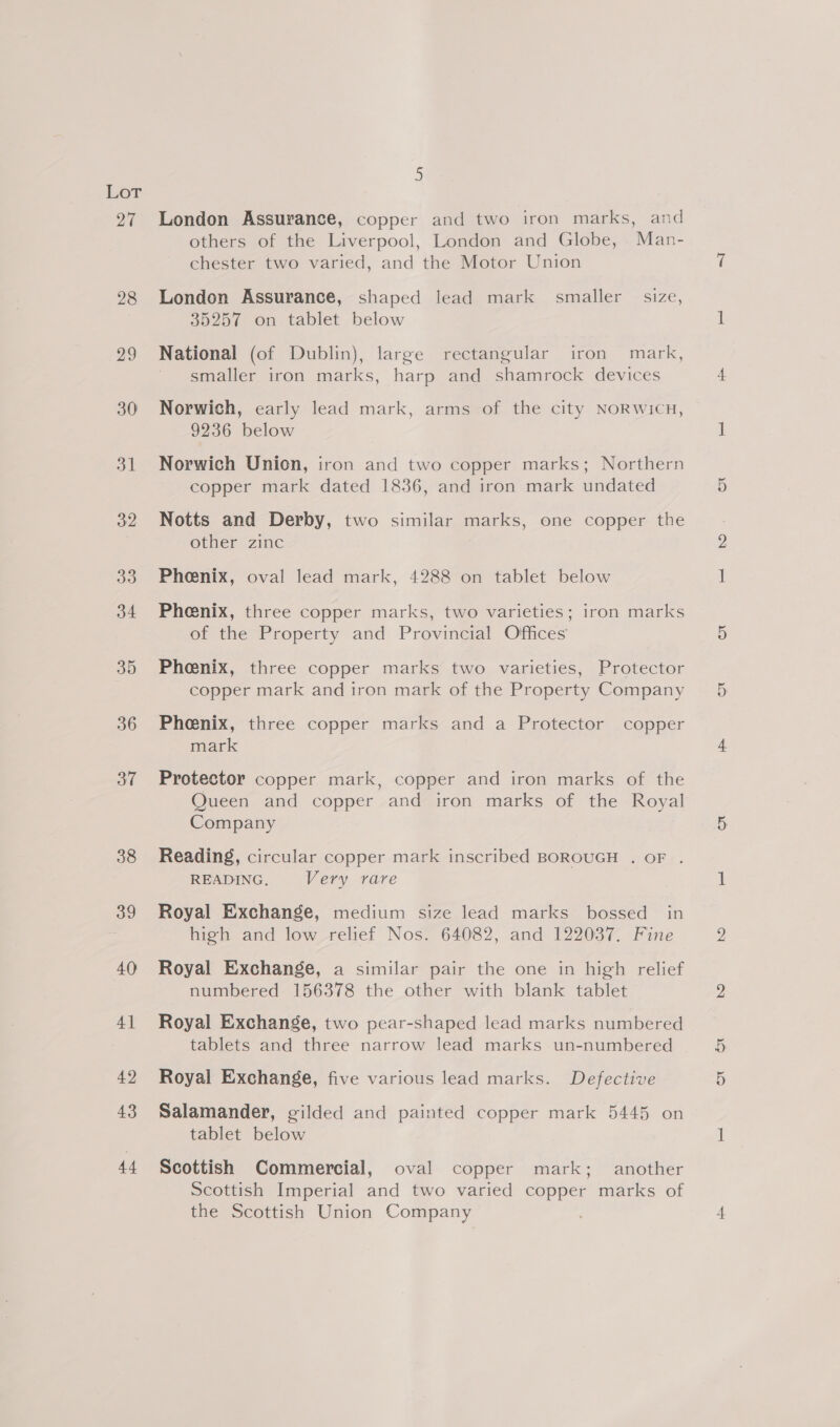 5 London Assurance, copper and two iron marks, and others of the Liverpool, London and Globe, Man- chester two varied, and the Motor Union London Assurance, shaped lead mark smaller size, 35257 on tablet below National (of Dublin), large rectangular iron mark, smaller iron marks, harp and shamrock devices Norwich, early lead mark, arms of the city NORWICH, 9236 below Norwich Union, iron and two copper marks; Northern copper mark dated 1836, and iron mark undated Notts and Derby, two similar marks, one copper the other zinc Phenix, oval lead mark, 4288 on tablet below Phenix, three copper marks, two varieties; iron marks of the Property and Provincial Offices Phenix, three copper marks two varieties, Protector copper mark and iron mark of the Property Company Phoenix, three copper marks and a Protector copper mark Protector copper mark, copper and iron marks of the Queen and copper and iron marks of the Royal Company Reading, circular copper mark inscribed BOROUGH . OF . READING. Very rare Royal Exchange, medium size lead marks bossed_ in high and low relief Nos. 64082, and 122037. Fine Royal Exchange, a similar pair the one in high relief numbered 156378 the other with blank tablet Royal Exchange, two pear-shaped lead marks numbered tablets and three narrow lead marks un-numbered Royal Exchange, five various lead marks. Defective Salamander, gilded and painted copper mark 5445 on tablet below Scottish Commercial, oval copper mark; another Scottish Imperial and two varied copper marks of the Scottish Union Company