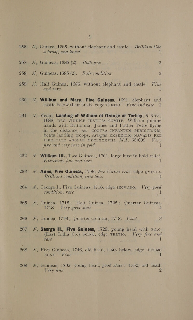 263 264 266 ~ “ ~~ ~~ - ~~ “ ~~ 5 Guinea, 1685, without elephant and castle. Brilliant like a proof, and toned 1 Guineas, 1685 (2). Both fine - 2 Guineas, 1685 (2). Fair condition 2 Half Guinea, 1686, without elephant and castle. Fine and rare l William and Mary, Five Guineas, 1691, elephant and castle below their busts, edge TERTIO. Fineand rare 1 1688, DEO VINDICE IUSTITIA COMITE, William joining hands with Britannia, James and Father Petre flying in the distance, rev. CONTRA INFANTEM PERDITIONIS, boats landing troops, exergue EXPEDITIO NAVALIS PRO LIBERTATE ANGLIZ MDCLXXXVIl, MJ. 65/639. Very fine and very rare in gold 1 William 1l., Two Guineas, 1701, large bust in bold relief. Extremely fine and rare 1 Anne, Five Guineas, 1706, Pre- Union type, edge QVINTO. Brilliant condition, rare thus 1 George I., Five Guineas, 1716, edge SEcCVNDO. Very good condition, rare isuinea, 1715; Half Guinea, 1/253, Ouarter Guineas, 1718. Very good state _ 4 Guinea, 1716; Quarter Guineas, 1718. Good 3 George Il., Five Guineas, 1729, young head with E.I1.c. (East India Co.) below, edge TERTIO. Very fine and vave 1 Five Guineas, 1746, old head, Lima below, edge DECIMO NONO. Fine 1 Guineas, 1735, young head, good state; 1752, old head.