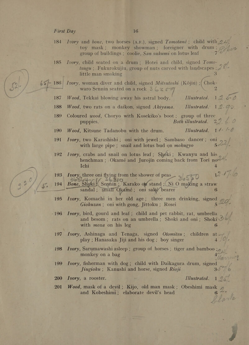 184 193, 194 ——— «— 195 - 196 198 199 200 201 Ivory and bone, two horses (A.F.), signed Tomotané; child with_@ 4 toy mask; monkey showman; foreigner with drum ; pA oP group of buildings ; coolie, San sukumi on lotus leaf Tae: Ivory, child seated on a drum; Hotei and child, signed Tomo- a, tsugu ;- Fukurokujiu, group of nuts carved with landscapes ; 4 © little man smoking 3 Pgs Ivory, woman diver and onan ajened Maitsutoshs (K6jiu) ;/ .{ _Chok- waro Sennin seated on a rock 3 Cz é oa ys: 2 f f Ee a Wood, Yekkai blowing away his astral body. Illustrated. 12 3°20 Wood, two rats on a daikon, signed Akiyama. Iilustrated.. 12.G% Coloured wood, Choryo with Kosekiko’s boot ; group of three ; puppies. Both wllustvated. 2. Wood, Kitsune Tadanobu with the drum. Illustrated. 14° &amp;2 7 Ivory, two Karashishi; oni with jewel; Sambaso dancer; oni ©, . with large pipe ; snail and lotus bud on mokugyo 5 eel. Ivory, crabs and snail on lotus leaf ; Shek: ; Kwanyu and his , henchman ; Okamé and Jurojin coming back from Tori no~*- Ichi 4 1eOrys jr oni yg from the shower of peas. -| tT) Ve 4, w?0 2 ? Bone, Sh Hola tC Sennin ; Tarai off stand ;/ Ni O making a straw sandal : “Small” Okainé ; oni sake Asearer ‘¢ 6 Ivory, Komachi in He old age; three men drinking, signed 2G Giokuzan ; oni with gong, Jittoku ; Rosei a. ea, Ivory, bird, gourd and leaf; child and pet rabbit, rat, umbrella jf and besom; rats on an umbrella; Shoki and oni; Shoki«’ © with moxa on his leg 6 {vory, Ashinaga and Tenaga, signed Otomitsu; children at — play ; Hanasaka Jiji and his dog; boy singer 4 /O/. Ivory, Sarumawashi asleep ; group of horses ; tiger and bamboo ;, monkey on a bag fy, ~ Ivory, fisherman with dog; child with Daikagura drum, signed | Jiugioku ; Kanushi and horse, signed R071 35 “7/ © Ivory, a rooster. | Illustrated. 1 Os ; Wood, mask of a devil; Kijo, old man mask; Obeshimi mask ,» and Kobeshimi; elaborate devil’s head 6 “+ 7 - J. 7 . “ —