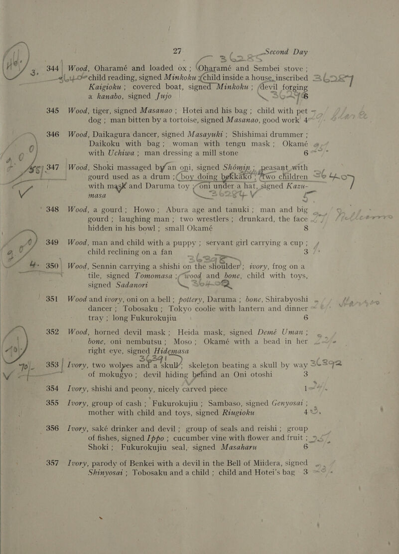 345  352  YV a 357  _— {m— © f 3 — » —_ 27: , _Second Day Wood, Oharamé and loaded ox ; \Oharamé and Sembei stove ; Kaigioku ; covered boat, signed Minkoku ; ‘devil forging a kanabo, signed Jujo | ~~ 56446 : Wood, tiger, signed Masanao ; Hotei and his bag ; child with pet dog ; man bitten by a tortoise, signed Masanao, good work 4 } Wood, Daikagura dancer, signed Masayuki ; Shishimai drummer ; Daikoku with bag; woman with tengu mask; Okamé # with Uchtwa ; man dressing a mill stone LS age on with m 7 an ; “ a masa nace ee CY Vv é Wood, a gourd; Howo; Abura age and tanuki; man and big gourd; laughing man; two wrestlers; drunkard, the face ~ — hidden in his bowl ; small Okamé 8 Wood, man and child with a puppy ; servant girl carrying acup; ¥/ child reclining ona fan _—,— _ oes — ; ; . Oe) Wood, Sennin carrying a shishi on the shoulder; tvory, frog ona tile, signed Tomomasa ;;“wood and bone, child with toys, signed Sadanort oe, 504-0” Wood and wvory, onion a bell ; pottery, Daruma ; bone, Shirabyoshi ,, Mt, dancer ; Tobosaku; Tokyo coolie with lantern and dinner | tray ; long Fukurokujiu 6 Wood, horned devil mask; Heida mask, signed Demé Uman; ~ bone, oni nembutsu; Moso; Okamé with a bead in her - right eye, signed Hidemasa 3639! ~/ 2 ‘ed two wolyes and a skul’; skeleton beating a skull by way S+=9= of mokugyo ; devil hiding behind an Oni otoshi 3 Ivory, shishi and peony, nicely carved piece ie Ivory, group of cash ; ‘Fukurokujiu ; Sambaso, signed Genyosat; . mother with child and toys, signed Riugioku 4, Ivory, saké drinker and devil; group of seals and reishi; group of fishes, signed Ippo ; cucumber vine with flower and fruit ; 94 — Shoki; Fukurokujiu seal, signed Masaharu 6 Ivory, parody of Benkei with a devil in the Bell of Midera, signed
