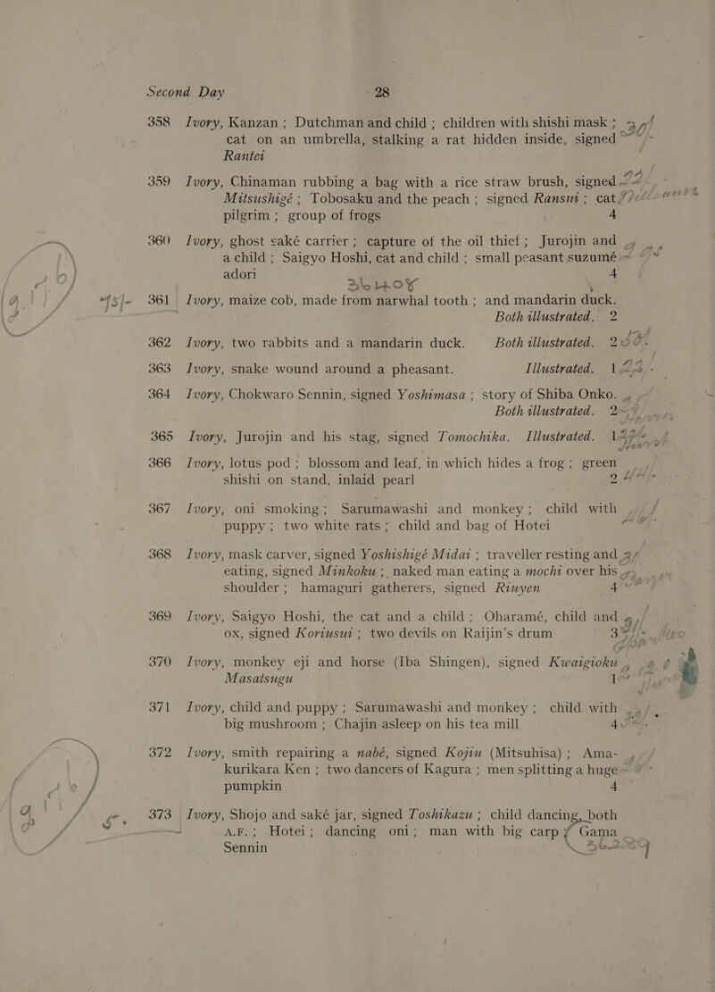 cp 358 309 360) 373 Ivory, Kanzan ; Dutchman and child ; children with shishi mask ; 2 wt cat on an umbrella, stalking a rat hidden inside, signed ~ ~ - Rantet Ivory, Chinaman rubbing a bag with a rice straw brush, signed 22/ Mitsushigé ; Tobosaku and the peach; signed Ransui; cat/)eo 0 @° Ivory, ghost saké carrier; capture of the oil thief; Jurojin and ., _ | a child ; Saigyo Hoshi, cat and child ; small peasant suzumé~ ~ ~ adori 4 alo U0oK Both illustrated. 2 ae Ivory, two rabbits and a mandarin duck. Both tllustrated. 200. Ivory, snake wound around a pheasant. Illustrated. 122 Ivory, Chokwaro Sennin, signed Yoshimasa ; story of Shiba Onko. _, Both illustrated. 2~ Ivory, Jurojin and his stag, signed Tomochika. Illustrated. 147% _) Ivory, lotus pod ; blossom and leaf, in which hides a frog ; green shishi on stand, inlaid pearl 9 HA |: Ivory, oni smoking; Sarumawashi and monkey; child with puppy ; two white rats; child and bag of Hotei — Ivory, mask carver, signed Yoshishigé Midai ; traveller resting and 3 / eating, signed Minkoku ;, naked man eating a mochi over his -- shoulder; hamaguri gatherers, signed Riwyen «ban / Ivory, Saigyo Hoshi, the cat and a child; Oharamé, child and 9/ ox, signed Koriusui ; two devils on Raijin’s drum 3 LI- ~~ Ivory, monkey eji and horse (Iba Shingen), signed Kwaigioku , we Masatsugu 1 Lat Ivory, child and puppy ; Sarumawashi and monkey ; child with | , big mushroom ; Chajin asleep on his tea mill 4. Ivory, smith repairing a nabé, signed Kojiuw (Mitsuhisa); Ama- kurikara Ken ; two dancers of Kagura ; men splitting a huge &gt; pumpkin 4 Ivory, Shojo and saké jar, signed Toshtkazu ; child dancing, both A.F.; Hotei; dancing oni; man with big carp i Gama Sennin \ BEAR j
