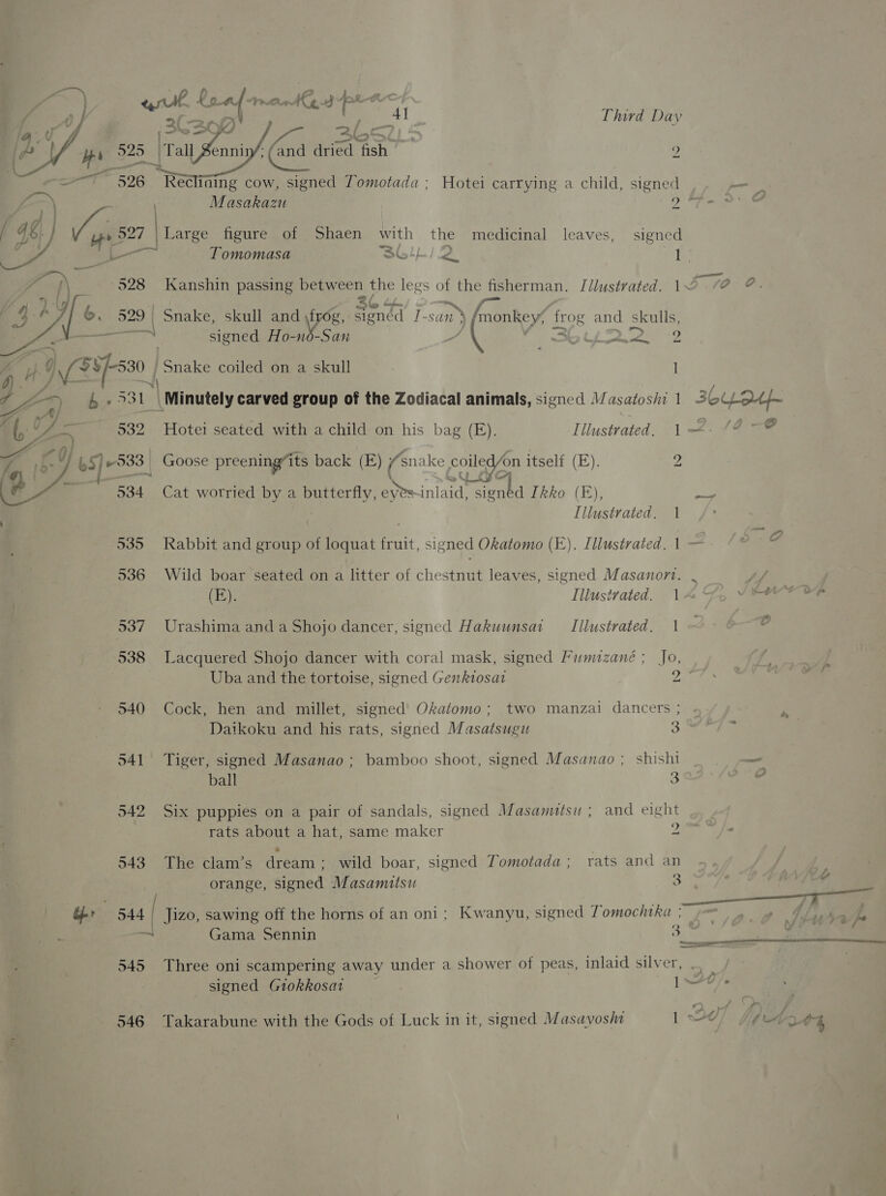   = NE / PS at? Cs ) 2G ye 525 Smee ennin/; (and dried fish 3 _  a . . . . &lt;&lt; 526 “Rec laing cow, signed Tomotada ; Hotei carrying a child, signed —\ Masakazu 2 / 4&amp; } pe 527 | Large figure of Shaen with the medicinal leaves, signed 4 eS Sere, Tomomasa Sb4L/ 2 iB  —— signed Ho-no-San 3 t Phe Any, Pela, i | eg | &amp;. 529 | Snake, skull and \frog, pened I- sam 7 6 ia frog and skulls, ree x j o Les ee HS coiled on a skull | I h» 531. | Minutely carved group of the Zodiacal animals, signed Masatoshi 1 . 532 Hotei seated with a child on his bag (E). 2 v/ lb, ial Goose preening’its back ( Lat Snake col iled/on itself (E). 2 534 Cat worried by a butterfly, ast in laid, eae Ikko (FE), Illustrated. 1  536 Wild boar seated on a litter of chestnut leaves, signed Masanort. 537 Urashima anda Shojo dancer, signed Hakuunsai Illustrated. 1 538 Lacquered Shojo dancer with coral mask, signed Fumizané ; Jo, Uba and the tortoise, signed Genkiosat 2 540 Cock, hen and millet, signed Okatomo; two manzai dancers ; Daikoku and his rats, signed Masatsugu 3 541 Tiger, signed Masanao ; bamboo shoot, signed Masanao ; shishi ball 3 542 Six puppies on a pair of sandals, signed Masanutsu ; and eight rats about a hat, same maker y 543 The clam’s dream; wild boar, signed Tomotada; rats and an orange, signed Masamutsu 3 G+ a4 Jizo, sawing off the horns of an oni; Kwanyu, signed Tomochtka | = Gama Sennin 3 545 Three oni scampering away under a shower of peas, inlaid silver,