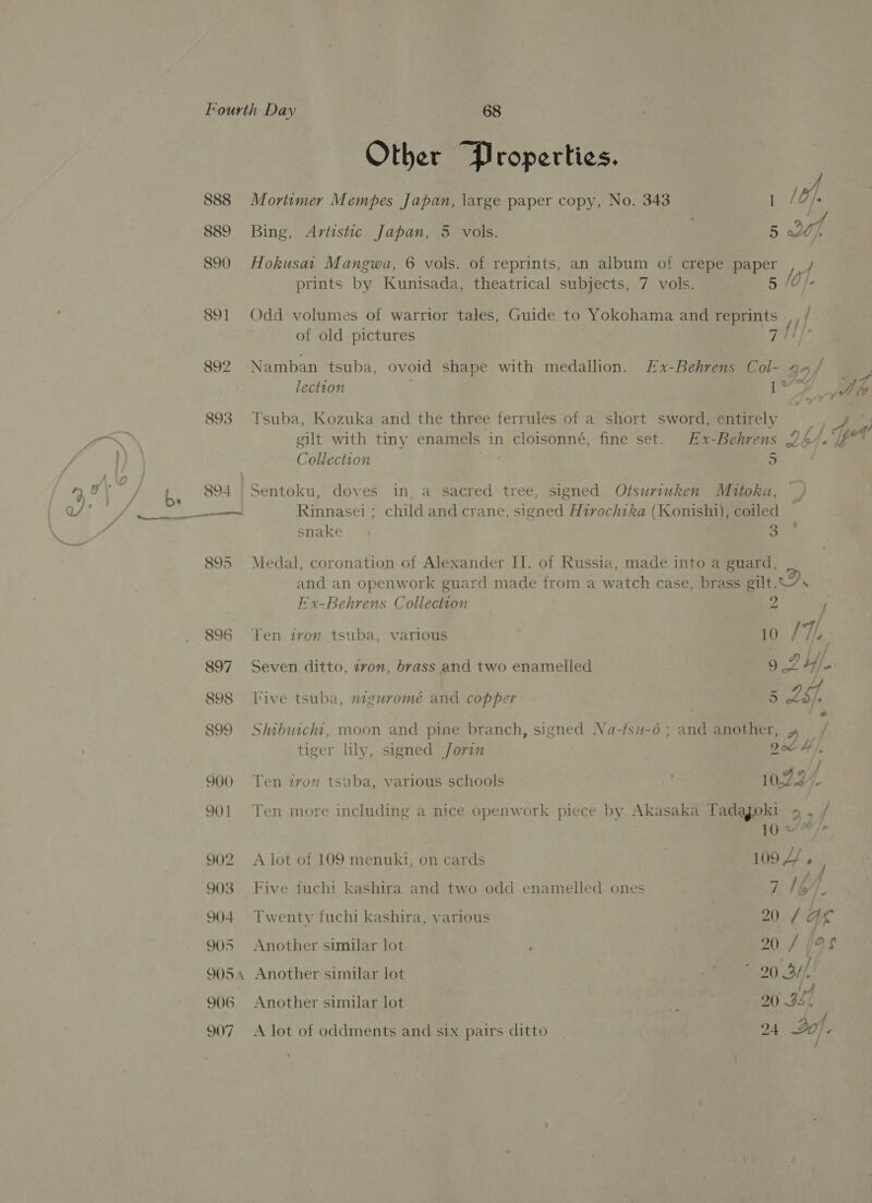 888 889 890 891 892 895 896 897 898 899 900 901 902 903 904 905 905A 906 Other Properties. Mortimer Mempes Japan, large paper copy, No. 343 ey. vf, | Bing, Artistic Japan, 3 vols. 5 ut Hokusat Mangwa, 6 vols. of reprints, an album of crepe paper f prints by Kunisada, theatrical subjects, 7 vols. 5 (O}- Odd volumes of warrior tales, Guide to Yokohama and reprints of old pictures | i! / {f/- Namban tsuba, ovoid shape with medallion. Ex-Behrens Col- 24 / lection ee aA q Tsuba, Kozuka and the three ferrules of a short sword, entirely / é gilt with tiny enamels in cloisonné, fine set. Ex-Behrens 2b. Collection 5 Sentoku, doves in, a sacred tree, signed Ofsuriuken Mutoku, Rinnasei ; child and crane, signed Hirochika (Konishi), coiled - snake 2 Medal, coronation of Alexander II. of Russia, made into a guard, and an openwork guard made from a watch case, brass gilt... E-x-Behrens Collection 2 ; / Ten ivon tsuba, various 10 !T,. Seven ditto, zvon, brass and two enamelled 9 2 Hy) live tsuba, miguromé and copper ) Ash . ‘~¢ Shibuichi, moon and pine branch, signed Na-fsu-6 ; and another, ¥ tiger lily, signed Jorin Qoe H/, 1 hae. of Ten zvon tsuba, various schools 10,23 le Ten more including a nice openwork piece by Akasaka Tadafoki 4 , / | aad Ar A lot of 109 menuki, on cards 109 Z/ ’ Five fucht kashira and two odd enamelled. ones 7 tA. Twenty fuchi kashira, various : 20 / 4K Another similar lot ; 7 20 / /98 Another sirnilar lot ‘Ai 20) 3i/, led Another similar lot i 20 95).