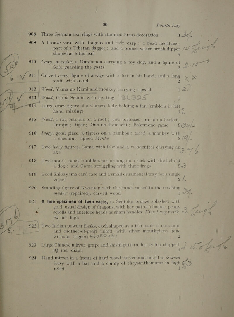   ; : : ; / | 908 Three German seal rings with stamped brass decoration 3 377, } r) f 909 A bronze vase with dragons and twin carp; a bead necklace : te é part of a Tibetan dagger ; and a bronze water brush dipper V4 ~/k he shaped as lotus leaf ; 4 ; Ivory, netsuké, a Dutchman carrying a toy dog, and a figure of D0 poe Sofu guarding the goats Qo: . Carved ivory, figure of a sage with a bat in his hand, and a long hee. staff, with stand as Wood, Yama no Kami and monkey carrying a peach “1 od: 3 | Wood, Gama Connie ith his froe QLBDA4 1 SS Large tvory figure ofa Chinese lady holding a fan (emblem in left hand missing) 17 1 ‘ i 915 Wood, a rat, octopus on a root ; two tortoises; rat on a basket Jurojin ; tiger; Ono no Komachi; Bakemono game 8 I4/— 916 Ivory, good piece, a tigress on,a bamboo ; wood, a monkey with . a chestnut, signed Minko 21G/., 917 Two ivory figures, Gama with frog and a woodcutter carrying an 2 +7 Y 4 axe wf - o 918 Two more: mock tumblers performing on a rock with the help of { . a dog ; and Gama struggling with three frogs 22. 919 Good Shibayama card case and a small ornamental tray for a single  vessel of, 920 Standing figure of Kwanyin with the hands raised in the teaching g , mudra (repaired), carved wood | 1 AU. 921 A fine specimen of twin vases, in Sentoku bronze splashed with _ aa : gold, usual design of dragons, with key pattern bodies, peony ye AP, : RM eed as sham handles, Kien Lung mark, cA =e ® scrolls and antelope heads as sham handles, Kien Lung mark, © ; Pes, 54 ins. high ; 922 | Two Indian powder flasks, each shaped as a fish made of cocoanut — and mother-of-pearl inlaid, with silver mouthpieces (one : without trigger) HEOkO &amp;e] 2 923° Larg ge Chinese mirror, grape and shishi pattern, heavy but chipped, SO ff t- 82 ins. diam. | Lee: 924 Hand mirror in a frame of hard wood carved and inlaid in stained ivory with a bat and a clump of chrysanthemums in high Za eo relief 