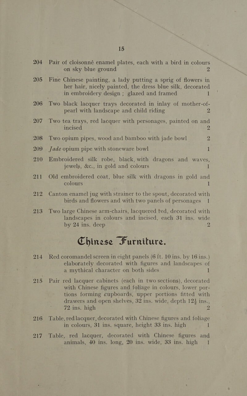 204 205 206 207 208 209 210 211 212 213 214 bo — QI 216 217 15 Pair of cloisonné enamel plates, each with a bird in colours on sky blue ground 2 Fine Chinese painting, a lady putting a sprig of flowers in her hair, nicely painted, the dress blue silk, decorated in embroidery design ; glazed and framed 1 Two black lacquer trays decorated in inlay of mother-of- pearl with landscape and child riding 2 Two tea trays, red lacquer with personages, painted on and incised 2 Two opium pipes, wood and bamboo with jade bowl 2 Jade opium pipe with stoneware bowl 1 Embroidered silk robe, black, with dragons and waves, jewels, &amp;c., in gold and colours 1 Old embroidered coat, blue silk with dragons in gold and colours 1 Canton enamel jug with strainer to the spout, decorated with birds and flowers and with two panels of personages 1 Two large Chinese arm-chairs, lacquered ted, decorated with landscapes in colours and incised, each 31 ins. wide by 24 ins. deep 2 Chinese Furniture. Red coromandel screen in eight panels (6 ft. 10 ins. by 16 ins.) elaborately decorated with figures and landscapes of a mythical character on both sides 1 Pair red lacquer cabinets (each in two sections), decorated with Chinese figures and foliage in colours, lower por- tions forming cupboards, upper portions fitted with drawers and open shelves, 32 ins. wide, depth 124 ins., 72 ins. high 2 Table, redlacquer, decorated with Chinese figures and foliage in colours, 31 ins. square, height 33 ins. high 1 Table, red lacquer, decorated with Chinese figures and animals, 40 ins. long, 20 ins. wide, 33 ins. high 1