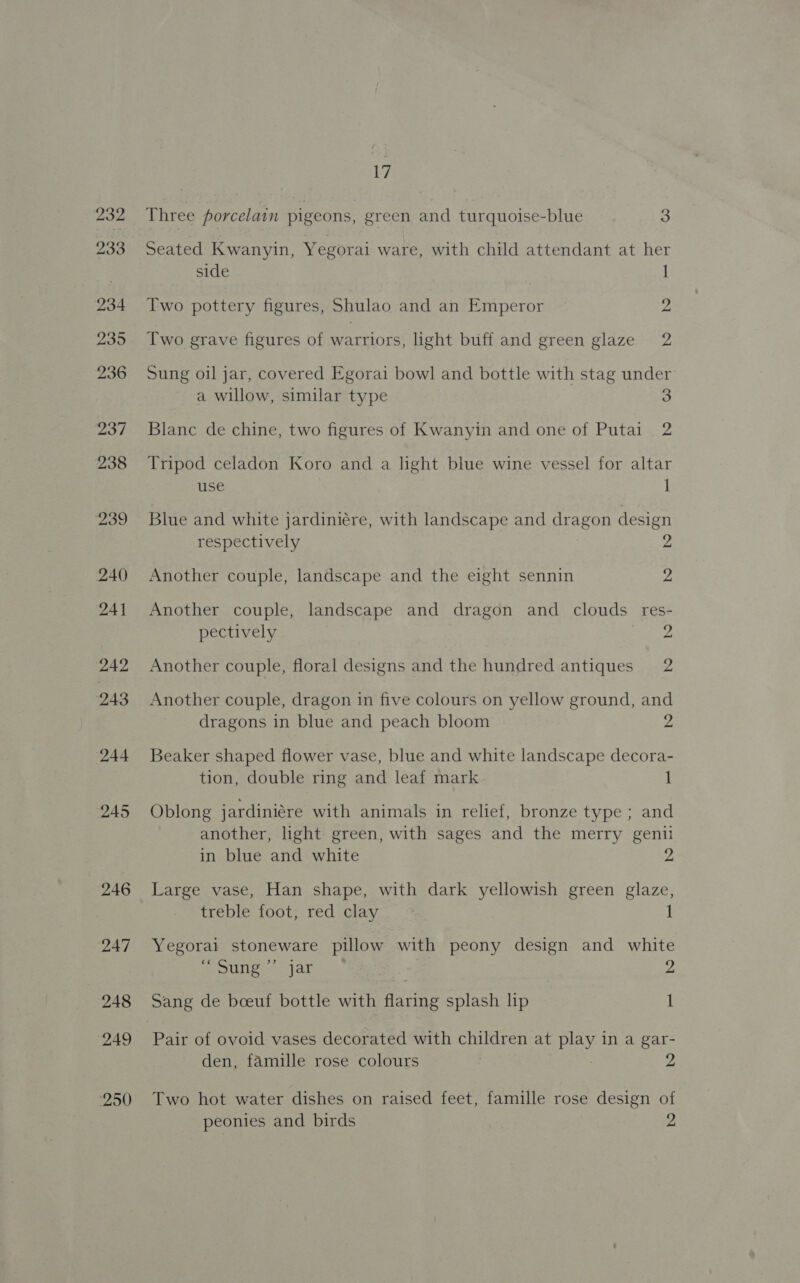 232 233 234 235 236 237 238 239 240 241 242 243 244 245 246 247 248 249 250 17 Three porcelain pigeons, green and turquoise-blue 3 Seated Kwanyin, Yegorai ware, with child attendant at her side 1 Two pottery figures, Shulao and an Emperor yi Two grave figures of warriors, light buff and green glaze 2 Sung oil jar, covered Egorai bowl and bottle with stag under: a willow, similar type 3 Blanc de chine, two figures of Kwanyin and one of Putai 2 Tripod celadon Koro and a light blue wine vessel for altar use 1 Blue and white jardiniére, with landscape and dragon design respectively 2 Another couple, landscape and the eight sennin 2 Another couple, landscape and dragon and clouds res- pectively 2 ant Another couple, floral designs and the hundred antiques 2 Another couple, dragon in five colours on yellow ground, and dragons in blue and peach bloom Beaker shaped flower vase, blue and white landscape decora- tion, double ring and leaf mark 1 Oblong jardiniére with animals in relief, bronze type; and another, light green, with sages and the merry genil in blue and white 2 Large vase, Han shape, with dark yellowish green glaze, treble foot, red clay 1 Yegorai stoneware pillow with peony design and white islinee® (ate. | 2 Sang de boeuf bottle with flaring splash lip 1 den, famille rose colours Two hot water dishes on raised feet, famille rose design of