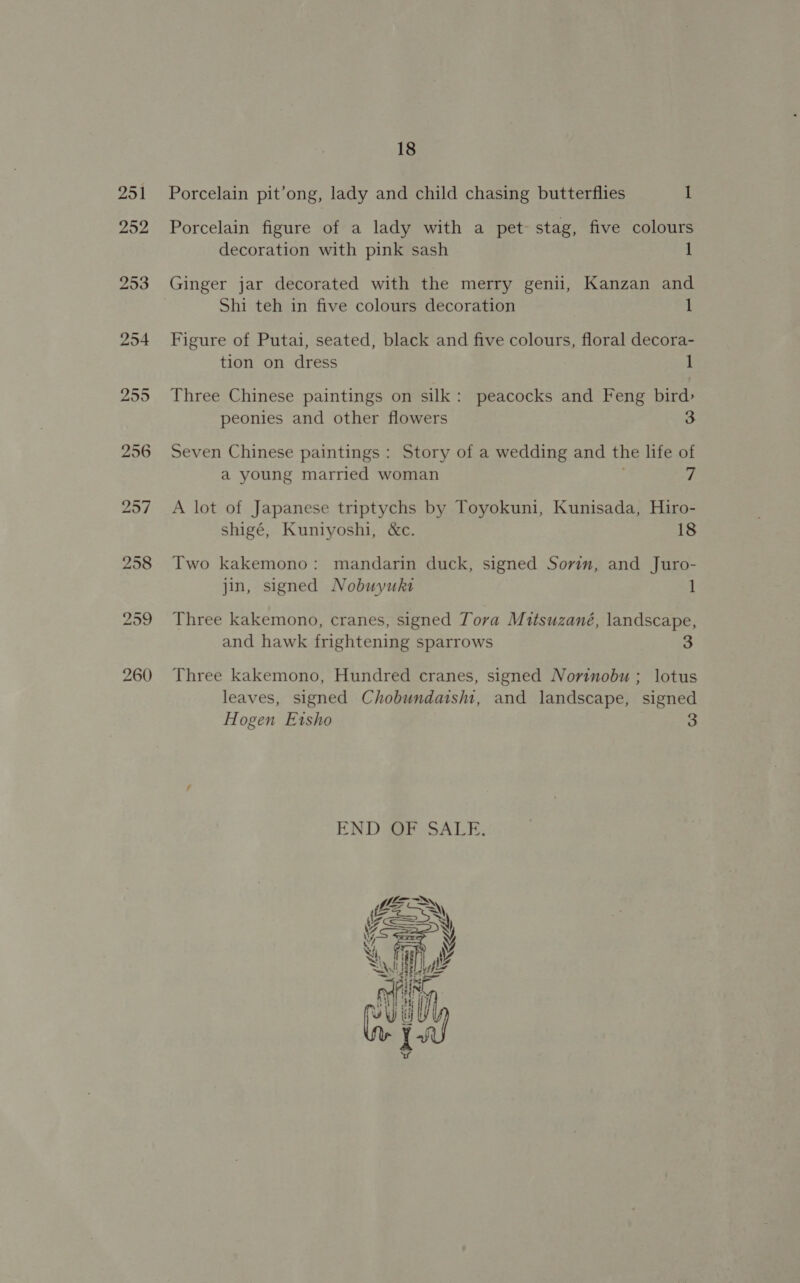 Porcelain pit’ong, lady and child chasing butterflies 1 Porcelain figure of a lady with a pet stag, five colours decoration with pink sash 1 Ginger jar decorated with the merry genii, Kanzan and Shi teh in five colours decoration 1 Figure of Putai, seated, black and five colours, floral decora- tion on dress 1 Three Chinese paintings on silk: peacocks and Feng bird&gt; peonies and other flowers 3 Seven Chinese paintings : Story of a wedding and the life of a young married woman 7 A lot of Japanese triptychs by Toyokuni, Kunisada, Hiro- shigé, Kuniyoshi, &amp;c. 18 Two kakemono: mandarin duck, signed Sovin, and Juro- jin, signed Nobuyuki 1 Three kakemono, cranes, signed Tora Mitsuzané, landscape, and hawk frightening sparrows 3 Three kakemono, Hundred cranes, signed Norinobu ; lotus leaves, signed Chobundaisht, and landscape, signed Hogen Etsho END OF SALE. 