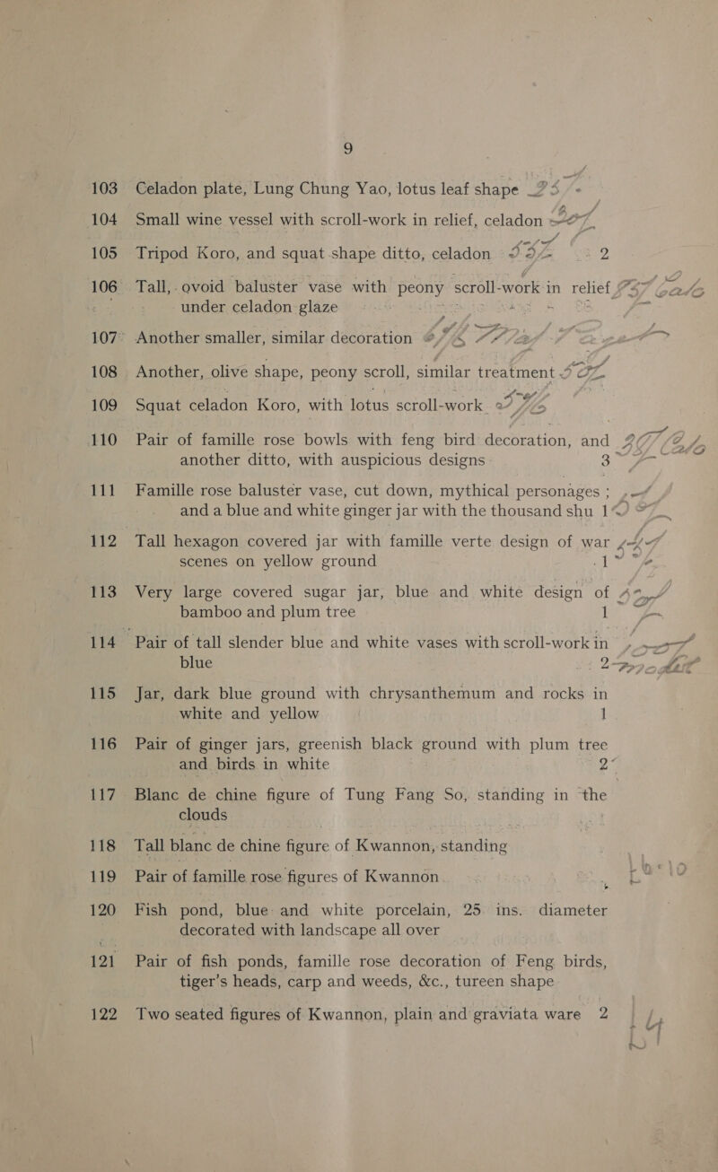 103 104 105 108 109 110 111 113 115 116 117 118 119 121 9 Celadon plate, Lung Chung Yao, lotus leaf shape _” &lt;) é Small wine vessel with scroll-work in relief, celadon =2*” 7 - , s Tripod Koro, and squat shape ditto, celadon Oda 32 Tall, ovoid baluster vase with peony seroll- work i in sey cy é under celadon glaze | ? ie: Another smaller, similar decoration @7 4 ““/i2-» ee Another, olive shape, peony scroll, similar treatment &lt; Bi Squat feeder Koro, with ae esi ork. of Pair of famille rose bowls with feng bird decoration, and #% Wy of. another ditto, with auspicious designs» 3 ; Famille rose baluster vase, cut down, mythical personages : sot and a blue and white ginger jar with the thousand shu 1% Tall hexagon covered jar with famille verte design of war , ea 4 scenes on yellow ground A at Very large covered sugar jar, blue and white design of At4 bamboo and plum tree | ess Pair of tall slender blue and white vases with scroll-work in, A blue | 2-5 hei Jar, dark blue ground with chrysanthemum and rocks in white and yellow 1 Pair of ginger jars, greenish black gund with plum tree and birds in white 2* clouds | eas Tall blanc de chine Fire of Cheah standing Pair of famille rose figures of Kwannon | ‘ r2 Fish pond, blue: and white porcelain, 25. ins. diameter decorated with landscape all over Pair of fish ponds, famille rose decoration of Feng birds, tiger's heads, carp and weeds, &amp;c., tureen shape