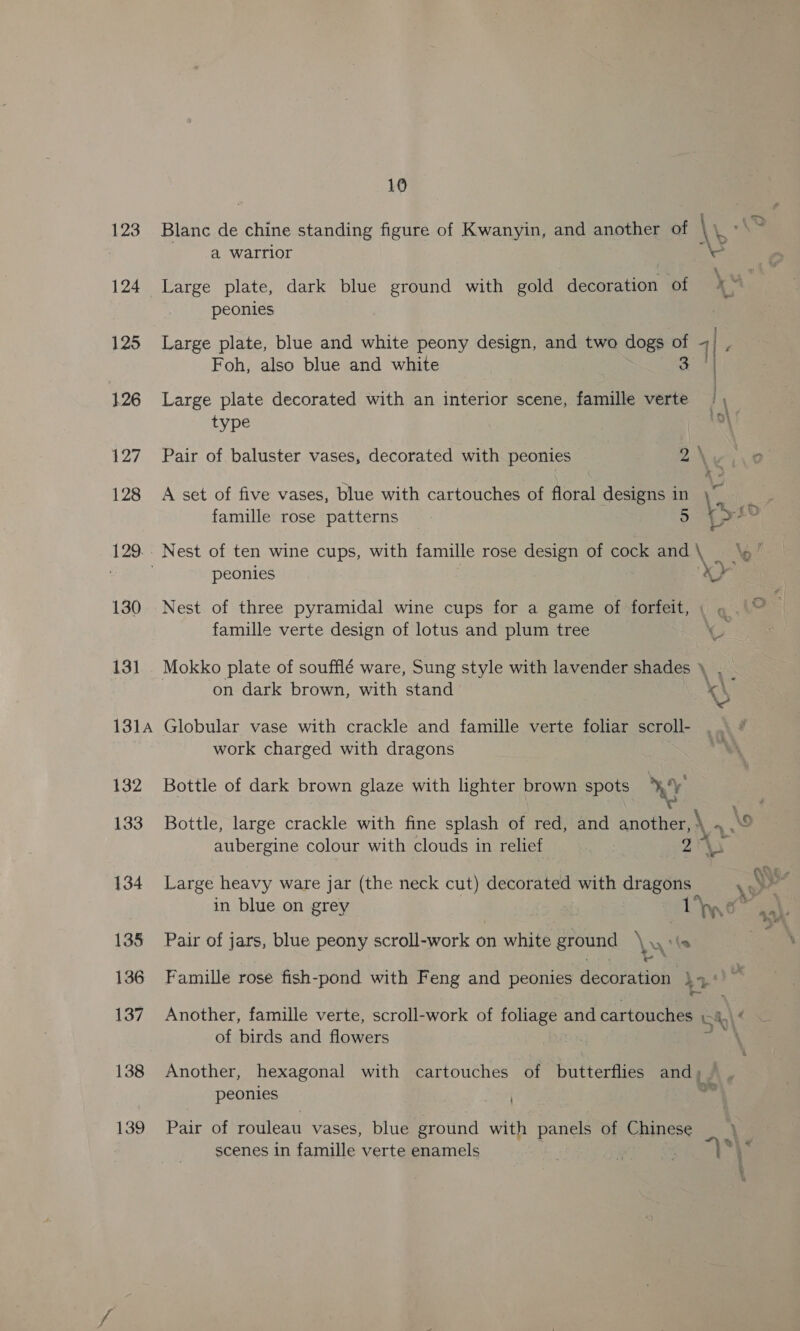 123 124 125 1.26 127 128 129. 130 131 131A 132 133 134 135 136 137 138 139 10 Blanc de chine standing figure of Kwanyin, and another of \y a warrior sue Large plate, dark blue ground with gold decoration of x peonies ; | Large plate, blue and white peony design, and two dogs me 7 ae Foh, also blue and white ) Large plate decorated with an interior scene, famille verte | \, type Lol Pair of baluster vases, decorated with peonies 2 \ Liri0 A set of five vases, blue with cartouches of oral designs 1 “a is famille rose patterns peonies Or Nest of three pyramidal wine cups for a game of forfeit, « g |“ : famille verte design of lotus and plum tree Mokko plate of soufflé ware, Sung style with lavender shades \ on dark brown, with stand x Globular vase with crackle and famille verte foliar scroll- work charged with dragons Bottle of dark brown glaze with lighter brown spots WY Bottle, large crackle with fine splash of red, and another, \ * XO aubergine colour with clouds in relief 9 AB Large heavy ware jar (the neck cut) decorated with dragons wy ; in blue on grey Aye | Pair of jars, blue peony scroll-work on white ground \\\ \\s Famille rose fish-pond with Feng and peonies decoration }4°)~ Pom Another, famille verte, scroll-work of foliage and cartouches LA\ ‘ of birds and flowers 2 an Another, hexagonal with cartouches of butterflies and, ~ peonies = ; Pair of rouleau vases, blue ground with panels of Chinese scenes in famille verte enamels