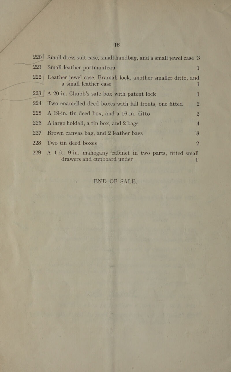 Small leather portmanteau 1 Leather jewel case, Bramah lock, another smaller ditto, and a small leather case 1 1 Two enamelled deed boxes with fall fronts, one fitted 2 A 19-in. tin deed box, and a 16-in. ditto A large holdall, a tin box, and 2 bags Brown canvas bag, and 2 leather bags i. © he ts Two tin deed boxes A 1 ft. 9in. mahogany ‘cabinet in two parts, fitted ae drawers and cupboard under END) OF “SALE,
