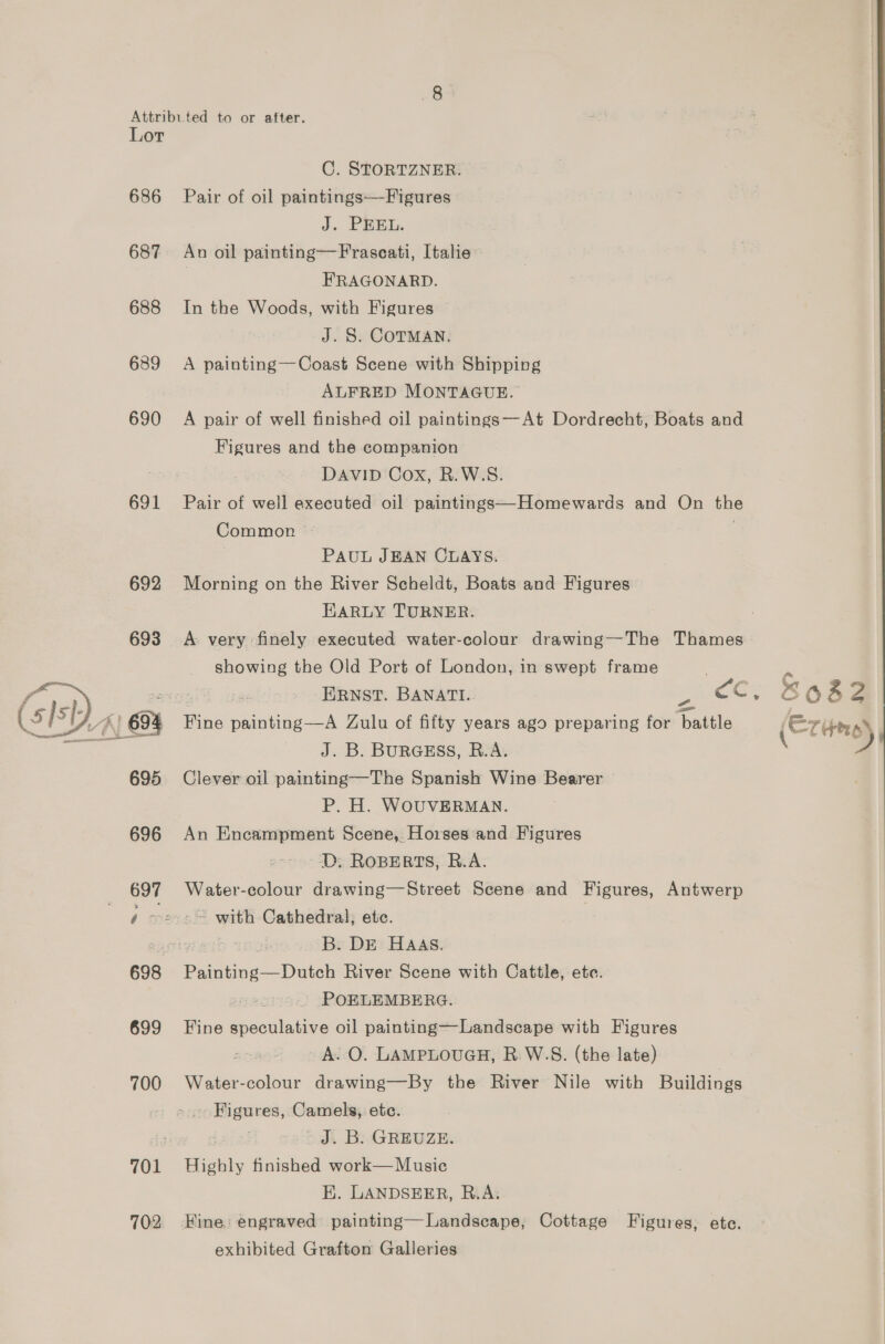 Lor C. STORTZNER. 686 Pair of oil paintings—Figures J. PREL. 687 An oil painting—Frascati, Italie | FRAGONARD. 688 In the Woods, with Figures J. S. COTMAN. 689 A painting—Coast Scene with Shipping ALFRED MONTAGUE. 690 A pair of well finished oil paintings—At Dordrecht, Boats and Figures and the companion DAVID Cox, R.W.S. 691 Pair of well executed oil paintings—Homewards and On the Common © PAUL JEAN CLAYS. 692 Morning on the River Scheldt, Boats and Figures EARLY TURNER. 693 A very finely executed water-colour drawing—The Thames showing the Old Port of London, in swept frame ¢ | ERNST. BANATI. Ze KC. S082 Fine painting—A Zulu of fifty years ago preparing for battle (Evite J. B. BURGESS, R.A. 695 Clever oil painting—The Spanish Wine Bearer P. H. WOUVERMAN. 696 An Encampment Scene, Horses and Figures D. RoBERTS, R.A. 697 Water-colour drawing—Street Scene and Figures, Antwerp  4 ~2 &gt; with Cathedral, ete. 32 B. DE HAAS. 698 Painting—Dutch River Scene with Cattle, ete. - POELEMBERG. 699 Fine speculative oil painting—Landscape with Figures A. O. LAMPLOUGH, R.W.S. (the late) 700 Water-colour drawing—By the River Nile with Buildings Figures, Camels, ete. J. B: GREUZE. 701 Highly finished work— Music E. LANDSEER, R.A. 702 Kine: engraved painting—Landscape, Cottage Figures, ete. exhibited Grafton Galleries