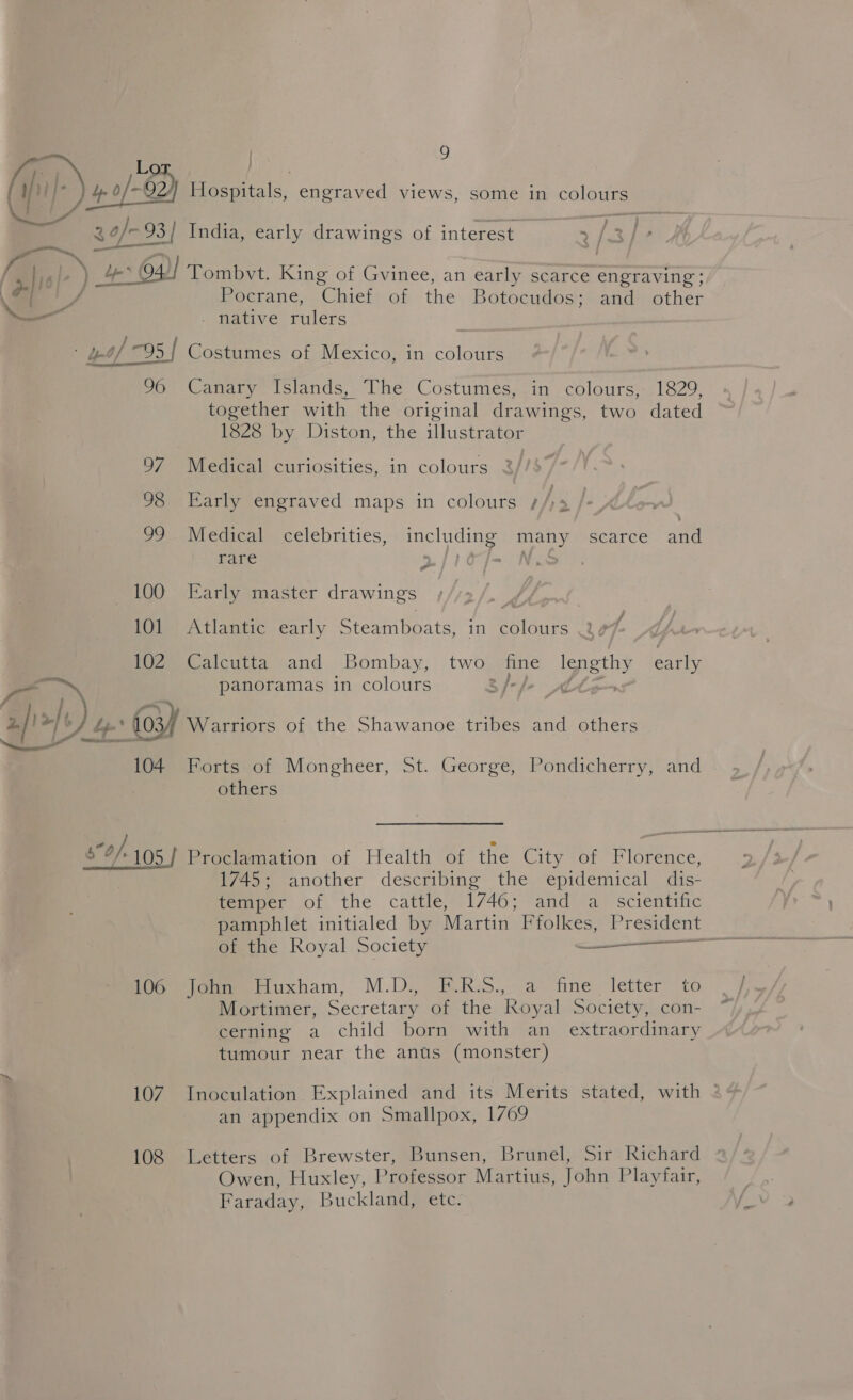 L | ; bp 0 -62) Hospitals, engraved views, some in colours  ‘ 34/- 93 93/ India, early drawings of interest 2 / 3/7 a bee 4] Tombvt. King of Gvinee, an early scarce engraving ; | oh Pocrane, ‘Chief of the Botocudos; and other be - native rulers a ) em . ° ye 95] Costumes of Mexico, in colours 96 Canary Islands, The Costumes, in colours, 1829, together with the original drawings, two dated 1828 by Diston, the illustrator 97 Medical curiosities, in colours 98 Early engraved maps in colours s/;3 99 Medical celebrities, including many scarce and rare ‘pO f= Nis 100 Early master drawings | 101 Atlantic early Steamboats, in colours 2¢ /. 102 Calcutta and Bombay, two fine lengthy early panoramas in colours Bf/ef- AA (DE Warriors of the Shawanoe tribes and others 104 Forts of Mongheer, St. George, Pondicherry, and others 80/105 | Proclamation of Health of the City of ine 1745; another describing the epidemical dis- temper or the cattle; 1746: and a_ scientific pamphlet initialed by Martin Ffolkes, President of the Royal Society — Pee iiuxham, M.D. ERs. a fine: ‘letter to / Mortimer, Secretary of the Royal Society, con- cerning a child born with an _ extraordinary tumour near the antts (monster) 107. Inoculation. Explained and its Merits stated, with - an appendix on Smallpox, 1769 108 Letters of Brewster, Bunsen, Brunel, Sir Richard Owen, Huxley, Professor Martius, John Playfair, Faraday, Buckland, etc. { \