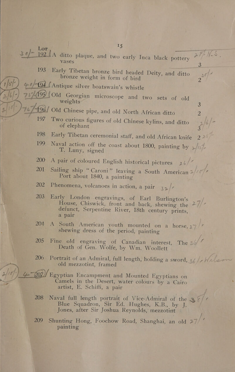  we Lor : 3e/- 192 1a ditto plaque, and two early Inca black pottery ; vases 2   bronze weight in form of bird Z s/h ; nm $OUANI { Antique silver boatswain’s whistle 9 s7- y | Old Georgian microscope and two sets of old Pak weights 3 76 7-(96/ Old Chinese pipe, and old North African ditto % ~ 197 Two curious figures of old Chinese kylins, and ditto | of elephant 4 198 Early Tibetan ceremonial staff, and old African knife 2 7° | 199 Naval action off the coast about 1800, painting by 1 / ] : } T. Luny, signed 200° A pair of coloured English historical pictures 24 / 201. Sailing ship “Caroni” leaving a South American 2//0/ Port about 1840, a painting t ae / 202 Phenomena, volcanoes in action, a pair .+/-  203. Early London engravings, of Earl Burlington’s gee _ House, Chiswick, front and back, shewing the 4 // ” defunct, Serpentine River, 18th century prints, a pair 204 A South American youth mounted on a horse, 27 shewing dress of the period, painting 205 Fine old engraving of Canadian interest, The 2¢ Death of Gen. Wolfe, by Wm. Woollett ; 206 Portrait of an Admiral, full length, holding a sword, old mezzotint, framed a > sid) 4-607) Egyptian Encampment and Mounted Egyptians on Sa 7 Camels in the Desert, water colours by a Cairo Brtet i: Schiff, ap pair 208 Naval full length portrait of Vice-Admiral of the XS Blue Squadron, Sir Ed. Hughes, K.B., by J. Jones, after Sir Joshua Reynolds, mezzotint \W 209 Shunting Hong, Foochow Road, Shanghai, an old painting