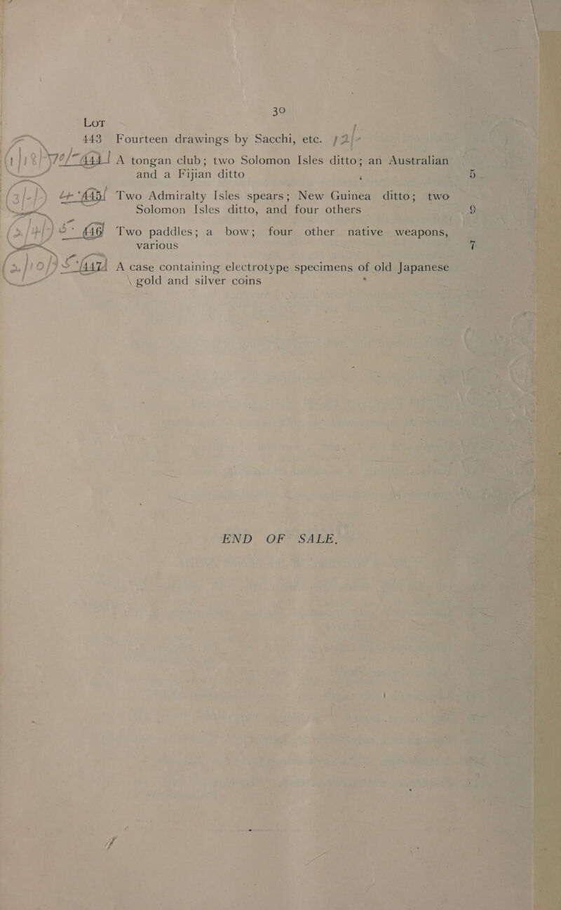  Lor 443 Fourteen drawings by Sacchi, etc. ae , o/- aa) | A tongan club; two Solomon Isles ditto; an Australian OO OO ew ee ee ee ae ony and a Fijian ditto ae ee Lr Aap Two Admiralty Isles spears ; New Guinea ditto; two = Solomon Isles ditto, and four others “= ae ae 4 7 i> b* fg Two paddles ; a bow ; four other native weapons, various pS fis A case containing electrotype specimens . old. Japanese \ gold and silver coins | : END OF SALE, 