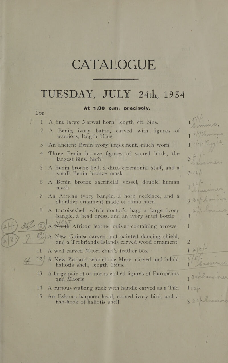 CATALOGUE TUESDAY, JULY 24th, 1934 At 1.30 p.m. precisely. Lot 1 A fine large Narwal horn, length 7ft. 3ins. Z A Benin, ivory baton, carved with figures of warriors, length lLlins. An ancient Benin ivory implement, much worn (os) 4 Three Benin bronze figures of sacred birds, the largest 8ins. high 5 A Benin bronze bell, a ditto ceremonial staff, and a small Benin bronze mask 6 A Benin bronze sacrificial vessel, double human mask _/ An African ivory bangle,-a horn necklace, and a shoulder ornament made of rhino horn A tortoiseshell witch doctor’s bag, a large ivory hanele, a bead dress, and an ivory tit: bottle 8) si) 9p 7 Y ase Srerth African leather quiver containing arrow Haste _ rach F ©) A New Guinea carved and painted dancing shield, &gt;| % el we : and a Trobriands Islands carved wood ornament 11 A well carved Maori chief’s feather box (£Z 12/ A New Zealand whalebone Mere, carved and inlaid —~ haliotis shell, length 15ins. 13 A large pair of ox horns etched figures of Europeans and Maoris 14 A curious walking stick with handle carved as a Tiki fish-hook of haliotis shell 1S)