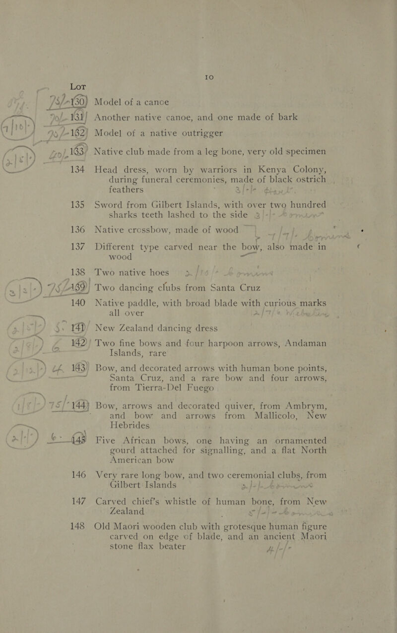 146 147 148 IO Another native canoe, and one made of bark Mode] of a native outrigger Head dress, worn by warriors in Kenya Colony, during funeral ceremonies, made of black ostrich feathers | 2 -li- Sword from Gilbert Islands, with over two hundred sharks teeth lashed to the side Native crossbow, made of wood &amp; Different type carved near the bow, ald biadeh: in wood witha Two native hoes Two dancing clubs from Santa Cruz Native paddle, with broad blade with curious ‘marks all over 2, | . . New Zealand dancing dress Two fine bows and four harpoon arrows, Andaman Islands, rare Bow, and decorated arrows with human bone points, Santa Cruz, and a rare bow and four arrows, from Tierra-Del Fuego Bow, arrows and decorated quiver, from Ambrym, and bow and arrows from Mallicolo, New Hebrides Five African bows, one having an ornamented gourd attached for signalling, and a flat North American bow Very rare long bow, and two Corenta saa Cake from Gilbert Islands CW Py ae AF ee eet. Carved chief’s whistle of human bone, from New Zealand . fo ~ -_ A, Old Maori wooden club with grotesque umab figure carved on edge of blade, and an ancient. Maori stone flax beater Te he cr