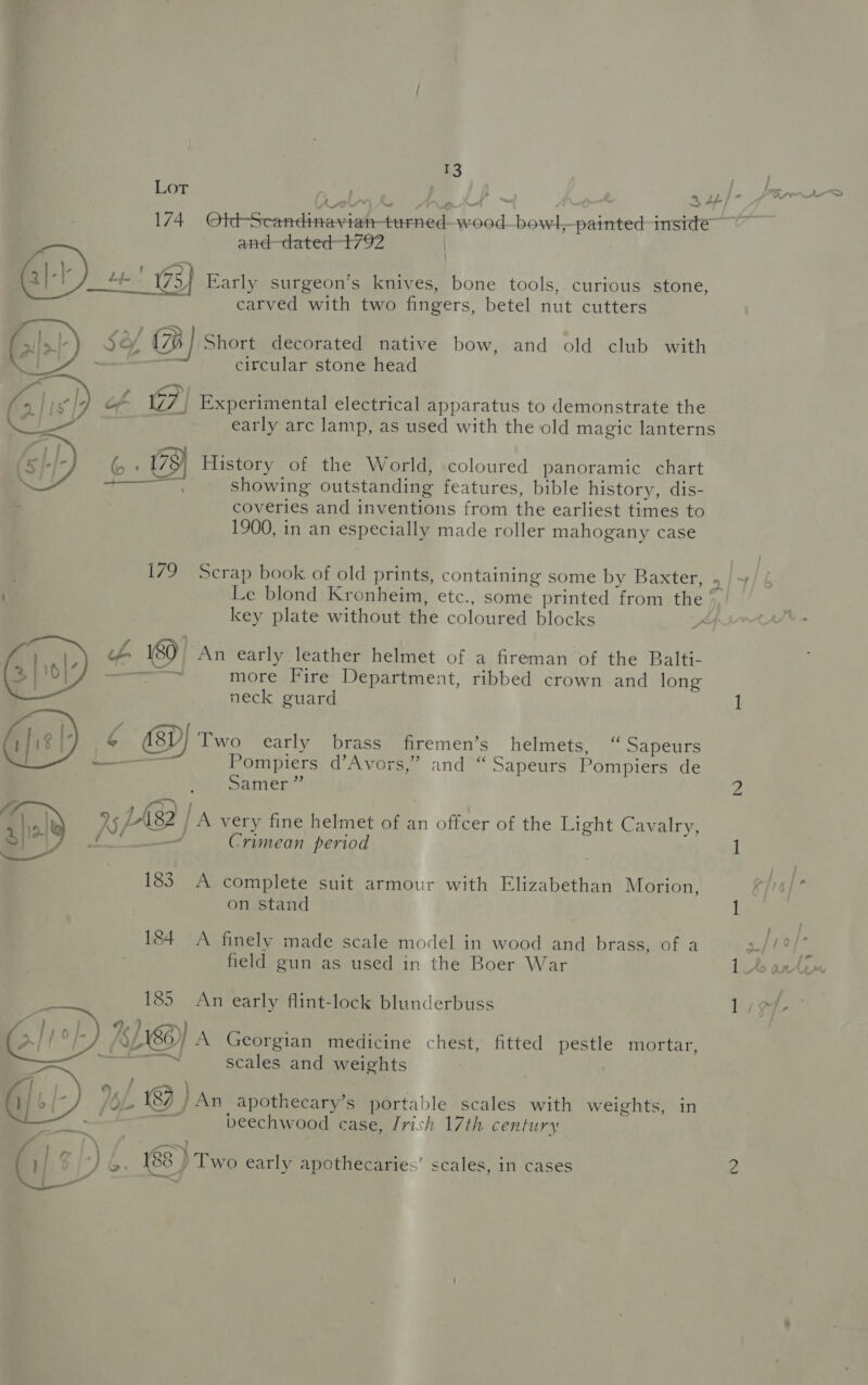 Lot / . i = . and—dated 1792 | t SEY * . | . Gh) @ Early surgeon’s knives, bone tools, curious stone, carved with two fingers, betel nut cutters Sls!- $0/ {75 | Short decorated native bow, and old club with i 7 circular stone head : ally |.) of G7 | Experimental electrical apparatus to demonstrate the ot early arc lamp, as used with the old magic lanterns Bp 6 History of the World, coloured panoramic chart showing outstanding features, bible history, dis- coveries and inventions from the earliest times to 1900, in an especially made roller mahogany case key plate without the coloured blocks : a4 ys ‘An early leather helmet of a fireman of the Balti- a an more Fire Department, ribbed crown and long neck guard &amp; asp Two early brass firemen’s helmets, “ Sapeurs ——— Pompiers d’Avors,” and “Sapeurs Pompiers de | Samer ” /7 ; 9 Li32 - r 7 4 ) p 25 N82 | A very fine helmet of an offcer of the Light Cavalry, by! Td Crimean period 183 A complete suit armour with Elizabethan Morion, on stand 184 A finely made scale model in wood and braseyeot+a field gun as used in the Boer War 185. An early flint-lock blunderbuss  (186)) A Georgian medicine chest, fitted pestle mortar, 5 iis scales and weights . : QO, / . . . HL) /6L 18] ) An apothecary’s portable scales with weights, in ; | beechwood case, Irish 17th century \ 4 aw _ , ; 1% 1/7) 6G. 183 ) Two early apothecaries’ scales, in cases ‘ed bd