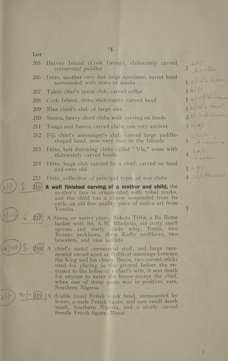 ‘Lor 205 Zl  15 Hervey Island (Cook Group), elaborately carved ceremonial paddles | } Ditto, another very fine large specimen, turret head surrounded with rows of masks Tahiti chief’s spear club, carved collar Cook Island, ditto, elaborately carved head Niue chief’s club of large size Samoa, heavy short clubs with carving on heads Tonga and Samoa carved clubs, one very ancient Fiji chief’s messenger’s club, carved large paddle- shaped head, now very rare in the Islands Ditto, belt throwing clubs called “ Vla,” some with elaborately carved heads Ditto, huge club carried by a chief, carved on head and very old Ditto, collection of principal types of war clubs A well finished carving of a mother and child, the mother’s face is ornamented with tribal marks, and the child has a charm suspended from its neck, an old fine quality piece of native art from Yoruba A Sansa, or native piano, Bakota Tribe, a Ba Rotse _. basket with lid, N.W. Rhodesia, six ivory snuff ‘spoons and finely made whip, Benin, two Basuto necklaces, three Kafhr necklaces, two bracelets, and nine anklets chief’s metal ceremonial staff, and large cere- monial sword used at Volitical meetings between the King and his chiefs, Benin, two carved sticks used for placing in the ground before the en- trance to the house of « chief’s wife, it was death for anyone to enter the house except the chief, when one of these posts was in position, rare, Southern Nigeria horns, a male Fetish figure, and rare small death mask, Southern Nigeria, and a nicely carved female Fetish figure, Masai