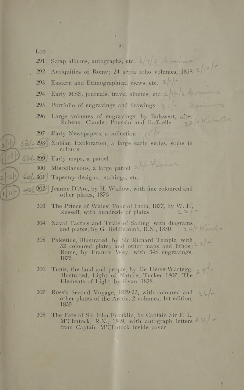291 Scrap albums, autographs, etc. 292 Antiquities of Rome; 24 sepia folio volumes, 1818 ~ 293. Eastern and Ethnographical views, etc. | 294 Early MSS. journals, travel albums, etc. 295 Portfolio of engravings and drawings 296 Large volumes of engravings, by Bolswert, after Rubens; Claude; Poussin and Raffaelle Early Newspapers, a collection » Nubian Exploration, a large early series, some in colours | Early maps, a parcel Miscellaneous, a large parcel   301 | Tapestry designs; etchings, etc. J). )e) o¢0/,802’| Jeanne D’Arc, by H. Wallow, with fine coloured and A] \ y oe 3 other plates, 1876 303 The Prince of Wales’ Tour of India, 1877, nea W. A, Russell, with hundreds of plates 5 » 304 Naval Tactics and Trials of Sailing, with diagrams, : and plates, by G. Biddlecomb, R.N., 1850 y 32 coloured plates and other maps and lithos; Rome, by Francis Wey, with 345 engravings, 1875. 306 Tunis, the land and peopie, by De Herse-Wartegg, . illustrated, Light of Nature, Tucker 1807, The Elements of Light, by Kyan, 1838 307 Ross’s Second Voyage, 1829-33, with coloured and other plates of the Arctic, 2 volumes, Ist edition, 1835 308 The Fate of Sir John Franklin; by Captain Sir F. L. M’Clintock, R.N., 1869, with autograph letters ? from Captain M’Clintock inside cover