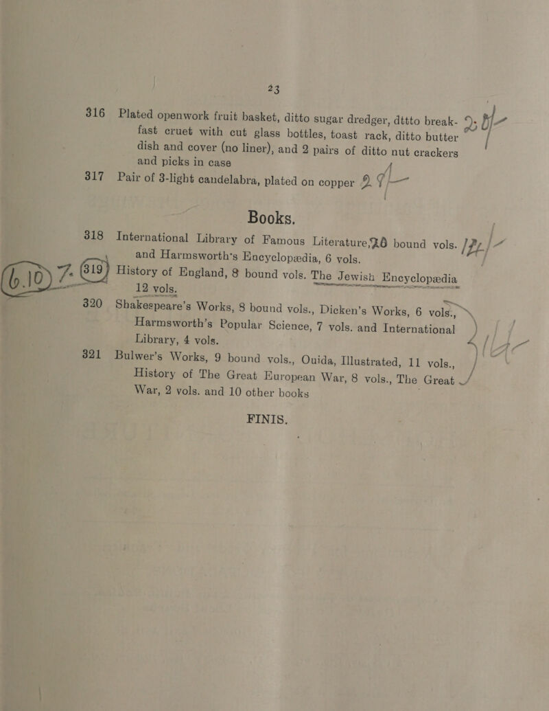 316 Plated openwork fruit basket, ditto sugar dredger, dttto break- er We fast cruet with cut glass bottles, toast rack, ditto butter | dish and cover (no liner), and 2 pairs of ditto nut crackers and picks in case A 317 Pair of 3-light candelabra, plated on copper )) 7 — Books. 818 International Library of Famous Literatures%6 bound vols. Ife} and Harmsworth’s Encyclopedia, 6 vols. DZ. Gis) 319) History of England, 8 bound vols. The Je Jewish 1 Encyclopedia 12 vols. 320 Seaaanear a s Works, 8 bound vols., Dicken’s Works, 6 wae 2 Harmsworth’s Popular Science, 7 vols. and International ) Library, 4 vols. +) / 321 Bulwer’s Works, 9 bound vols., Ouida, Illustrated, 11 vols., ] History of The Great European War, 8 vols., The Great ct War, 2 vols. and 10 other books FINIS.
