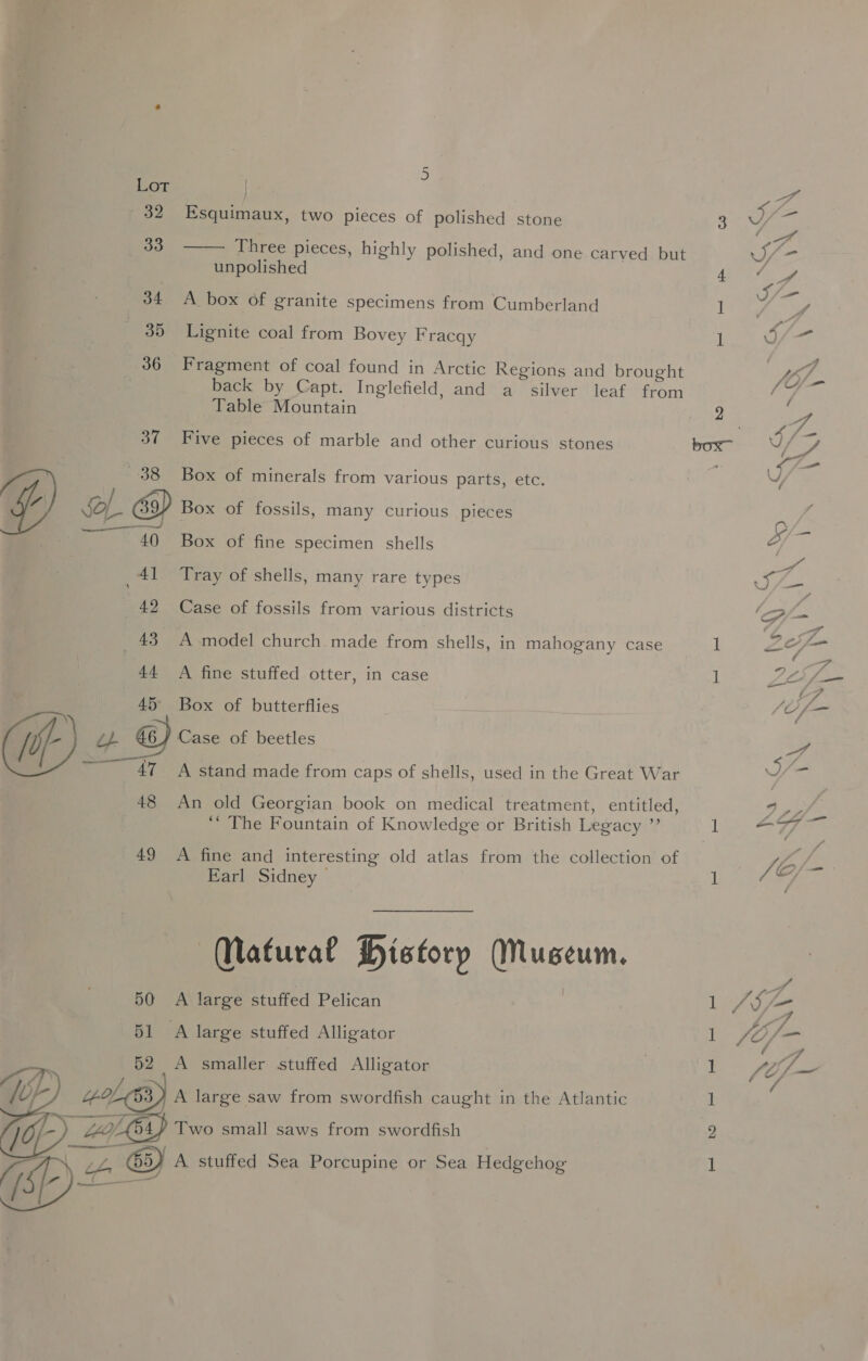  . 38 Box of minerals from various parts, etc. Y Ol SS Box of fossils, many curious pieces A — 40 Box of fine specimen shells a ;, 41 Tray of shells, many rare types Bde 42 Case of fossils from various districts ‘PD? ‘i 44 <A fine stuffed otter, in case 1 Le Z—- 45° Box of butterflies | /O/— (i) + Case of beetles pes ; 47 A stand made from caps of shells, used in the Great War i/- 48 An old Georgian book on medical treatment, entitled, tak yi “The Fountain of Knowledge or British Legacy ”’ 1 ert # Sy: 49. 7A.fine and interesting old atlas from the collection of /e/- ; Earl Sidney 1 Mafura? History Museum. 50 A large stuffed Pelican Lea Ze BI A large stuffed Alligator 1 fo, — A smaller stuffed Alligator Lo falL= “ol, 3) A large saw from swordfish caught in the Atlantic 1 Two small saws from swordfish 2 1  5 Esquimaux, two pieces of polished stone 3 J mi Three pieces, highly polished, and one carved but Sr unpolished 4 KIL. gh A box of granite specimens from Cumberland y om, Lignite coal from Bovey Fracqy 1 Us Fragment of coal found in Arctic Regions and brought | VF. back by Capt. Inglefield, and a silver leaf from ie Table Mountain 2 bh Five pieces of marble and other curious stones box” ig