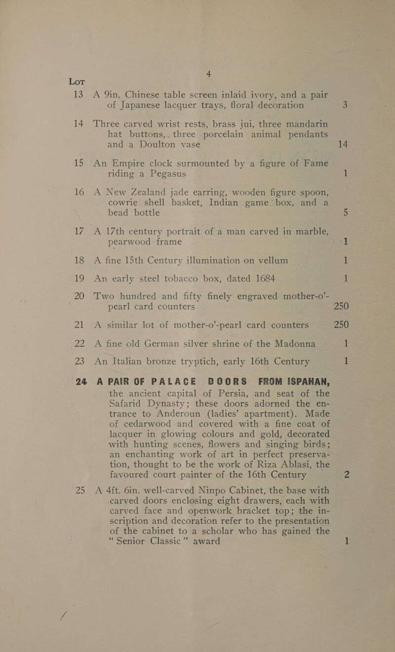 13 14 15 16 25 4 A 9in. Chinese table screen inlaid ivory, and a pair of Japanese lacquer trays, floral decoration Three carved wrist rests, brass jui, three mandarin hat buttons,, three porcelain’ animal pendants An Empire clock surmounted by a figure of Fame riding a Pegasus A New Zealand jade earring, wooden figure spoon, cowrie shell basket, Indian game box, and a bead bottle A 17th century portrait of a man carved in marble, pearwood frame A fine 15th Century illumination on vellum An early steel tobacco box, dated 1684 Two hundred and fifty finely engraved mother-o’- pearl card counters A similar lot of mother-o’-pearl card counters A fine old German silver shrine of the Madonna An Italian bronze tryptich, early 16th Century A PAIR OF PALAGE DOORS FROM ISPAHAN, the ancient capital of Persia, and seat of the Safarid Dynasty; these doors adorned the en- trance to Anderoun (ladies’ apartment). Made of cedarwood and covered with a fine coat of lacquer in glowing colours and gold, decorated with hunting scenes, flowers and singing birds; an enchanting work of art in perfect preserva- tion, thought to be the work of Riza Ablasi, the favoured court painter of the 16th Century A 4ft. 6in. well-carved Ninpo Cabinet, the base with carved doors enclosing eight drawers, each with carved face and openwork bracket top; the in- scription and decoration refer to the presentation of the cabinet to a scholar who has gained the “Senior Classic” award
