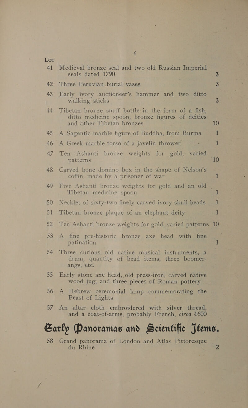 41 Medieval bronze seal and two old Russian Imperial seals dated 1790 42 Three Peruvian ,burial vases 43 Early ivory auctioneer’s hammer and two ditto walking sticks 3 44 Tibetan bronze snuff bottle in the form of a fish, ditto medicine spoon, bronze wee of deities and other Tibetan bronzes 10 45 A Sagentic marble figure of Buddha, from Burma 1 46 A Greek marble torso of a javelin thrower —_- 1 47 Ten Ashanti bronze weights for gold, varied patterns 7 10 48 Carved bone domino box in the shape of Nelson’s coffin, made by a prisoner of war : 49 Five Ashanti bronze weights for gold and an old . Tibetan medicine spoon 1 590 Necklet of sixty-two finely carved ivory skull beads 1 51 Tibetan bronze plaque of an elephant deity 1 52 Ten Ashanti bronze weights for gold,.varied patterns 10 53. A fine pre-historic bronze axe head with fine patination 1 54 Three curious old native musical instruments, a drum, quantity of bead items, three boomer- ang’, etc. 95 Early stone axe head, old press-iron, carved native wood jug, and three pieces of Roman pottery 56 A Hebrew ceremonial lamp conn the Feast of Lights 57. An altar cloth embroidered with silver thread, and a coat-of-arms, probably French, circa 1600 Carly (Danoramas and Scientific Items, 58 Grand panorama of London and Atlas Pittoresque du Rhine 2