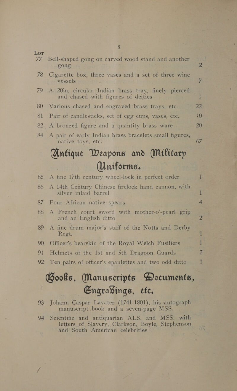 86 es 0G 94 8 Bell-shaped gong on carved wood stand and another gong Cigarette box, three vases and a set of three. wine vessels A 20in.. circular Indian brass tray, finely pierced and chased with figures of deities Various chased and engraved ‘brass trays, ete. Pair of candlesticks, set of egg cups, vases, etc. A bronzed figure and a quantity brass ware A pair of early Indian brass puede ie small figures, Nave doys. etc. Antique Weapons and Military Uniforms. A fine 17th century wheel-lock in perfect order A 14th Century Chinese firelock hand cannon, with silver inlaid barrel Four African native spears A French court sword with mother-o’-pearl grip and an English ditto A fine drum major’s staff of the Notts and Derby Regt. Officer’s bearskin of the Royal Welch Fusiliers Helmets of the Ist and 5th Dragoon Guards Ten pairs of officer’s epaulettes and two odd ditto Enqra¥ings, ete. Johann Caspar Lavater (1741-1801), his autograph manuscript book and a seven-page MSS. Scientific and antiquarian ALS. and MSS:. with letters of Slavery, Clarkson, Boyle, Stephenson and South American celebrities = QO —