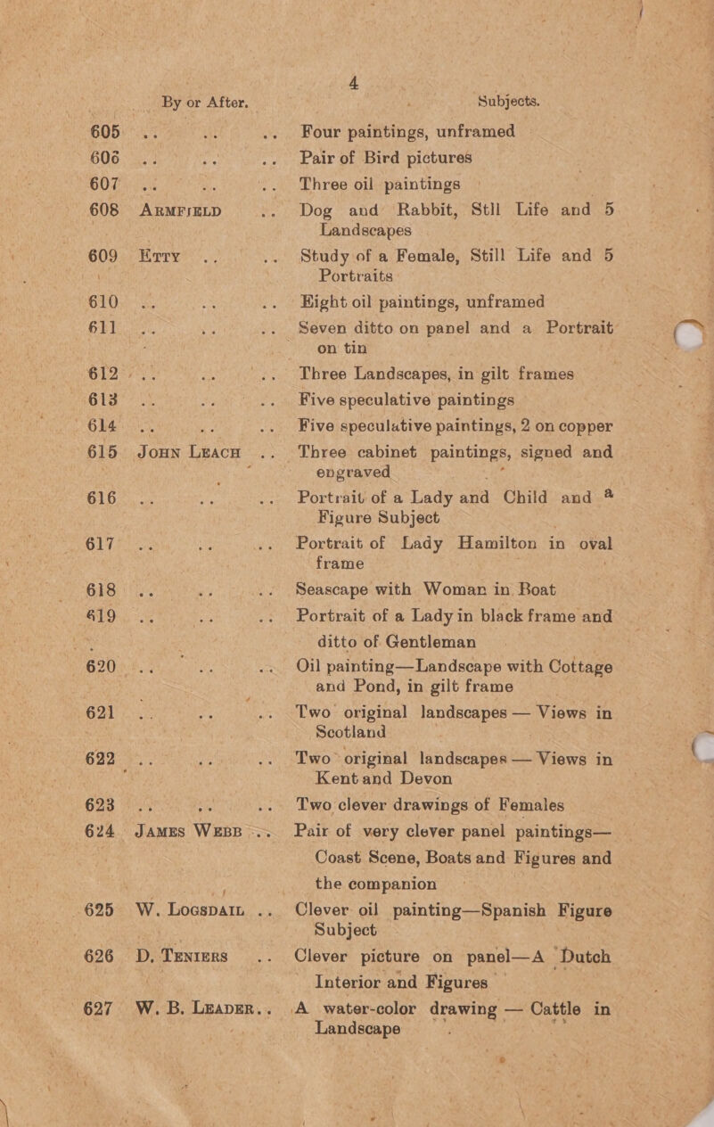 By or After, 605). 8: 606 607 Mi 608 ARMFIELD 609 Evry 610 611 OLA 613 614 616 617 618 G19 (oe ae 623 626 Ditenrens 4 | Subjects. Four paintings, unframed © Pair of Bird pictures Three oil paintings Dog and Rabbit, Stil Life and 5 Landscapes Study of a Female, Still Life and 5 Portraits Hight oil paintings, unframed Seven ditto on panel and a Portrait on tin Five speculative paintings Five speculative paintings, 2 on copper engraved Portrait of a cade ane Child and 4 Figure Subject Portrait of Lady Hamilton in ma, frame Seascape with Womar in Boat ditto of Gentleman Oil painting—Landscape with Cottage and Pond, in gilt frame Two original landscapes — Viows in Scotland | Two original landscapes — Views in Kent and Devon Two clever drawings of Females Pair of very clever panel paintings— Coast Scene, Boats and Figures and the companion Clever oil painting—Spanish | Figure Subject Clever picture on panel—A “Dutch Interior and Figures A water-color drawing — Cattle in ) Tandscape