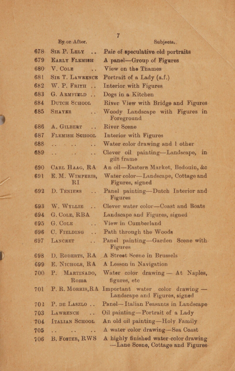 a 1 <a ora a A 679 680 682 683 684 686 687 688 690 692 694 695 697 698 700 702 703 705 106 By. or After, Sir. P. Leny .. EARLY FLEMISH V, CoLE Sir T, Lawrence W.P. Frire .. G. ARMFIRLD ,. DutcH ScHooL SHAYER A. GILBERT FLEMISH SCHOOL Cart Haac, RA BE. M. WimpeEris, RI D. TENIERS W. WYLLIE G. Cott, RBA G. CoLE C. FIELDING LANCRET D, Roperts, RA E. Nicuots, RA P, Martrapo, Roma P. R. Morris,RA P. pe Laszuo .. LAWRENCE Iranian SCHOOL B, Boars, RWS Subjects, , | Pair of speculative old portraits A panel—Group of Figures View on the Thames Portrait of a Lady (a.f.) Interior with Figures Dogs in a Kitchen River View with Bridge and Figures. Woody Landscape with pic cdenloe in Foreground River Scene Interior with Figures | Water color drawing and | other Clever oil painting—-Landscape, in gilt frame An oil—Eastern Market, Bedouin, &amp;e Water color— Landscape, Cottage and Figures, signed ) Figures Clever water color—Coast and Boats Landscape and Figures, signed View in Cumberland Path through the Woods Panel painting—Garden Scene with. Figures A Street Scéne in Brussels A Lesson in Navigation Water color drawing —. At Naples,. | figures, ete Important water color drawing — Landscape and Figures, signed Panel— Italian Peasants in Landscape Oil painting— Portrait of a Lady An old oil painting—Holy Family A water color drawing-—Sea Coast A highly finished water-color drawing: —Lane Scene, Cottage and his)