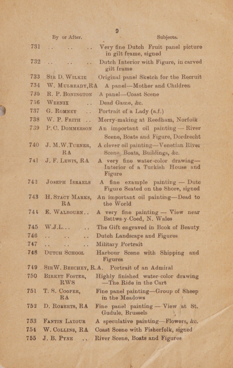 745 “746 ‘747 748 5749 “750 ‘751 752 (753 ‘154 755 | 9 By or After. : Subjects. Very fine Dutch Fruit panel picture in gilt frame, signed Dutch Interior with Figure, in carved F gilt frame Sir D. Winkie Original panel Sketch for the Recruit W. Mupreapy,RA A panel—Mother and Children R. P. Bonineron A panel—Coast Scene WEENIX .. Dead Game, &amp;e. G. Romney .. Portrait of a Lady (a.f.) W.P.Frira .. Merry-making at Reedham, Norfolk ¥.C, DommMerson An important oil painting — River Scene, Boats and Figure, Dordrecht RA Scene, Boats, Buildings, &amp;c. J. F. Lewis, RA A very fine water-color drawing— Interior of a Turkish House and Figure JosepH Isragts &lt;A fine example painting — Dute Figure Seated on the Shore, signed H.Sracy Marks, An important oil painting—Dead a RA the World Bsttws-y-Coed, N. Wales Dutch Landscape and Figures Military Portrait Dutcu Scnootr Harbour Scene with Shipping and Figures SirW. Berecusty, R.A. Portrait of an Admiral RWS —The Ride in the Cart T. S. Coopzr, Fine panel painting—Group of Sheep RA in the Meadows — D. Rogerts, RA Fine panel painting — View at St. Gudule, Brussels A Fantin Latour A speculative painting—Flowers, «e. W.Cotiins, RA Coast Scene with Fisherfolk, signed J.B. Pyne .. River Scene, Boats and Figures an