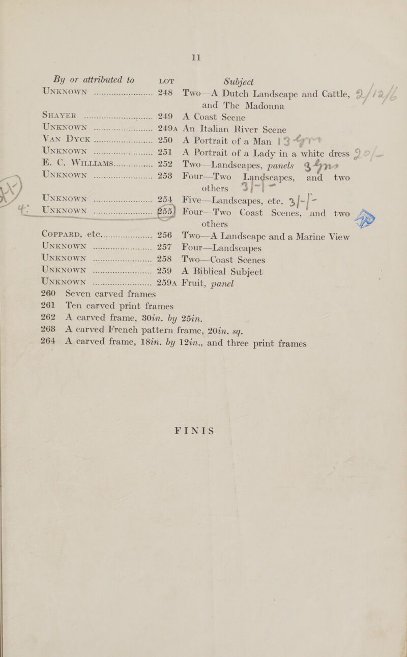  By or attributed to LOT Subject /, WINKNOWAW (2190) ga ches 248 Two—A Dutch Landscape and Cattle, 9.//2, and The Madonna DEDARVIE, Sosc satu cca eee 249 A Coast Scene WN RENOWN fea sc ncdtelaloous 2494 An Italian River Scene ; TS gall OCG) oer ae 4 | 250 <A Portrait of a Man } 3 “2 WONKNOVEN (c.lNee be 251 <A Portrait of a Lady in a oe dress | 9 2 Bi Ce WILMPAMS 2.000: 252 ‘Two—Landseapes, panels 3 on- ? _ WINKNOWN 2.cdap eae oe 253 Four—Two Lan Iscapes, and two : \-} others “3}~| \ y ON IONG WINe oie A ode 254 Five—Landscapes, etc. % |-]- i te UnKNowN eR Ort td £55) Four—Two Coast Scenes, and two s ee ae others : COR PARD, (CUCi 0h ao 256 'Two—A Landscape and a Marine View INENOWN: 6 cereeilyclde 257 Four—Landscapes WOINEINOWIN © .200-..5.000.dus ee 258 Two—Coast Scenes WR BINOWN soc s cccescnliccbete 259 A Biblical Subject MONE GOWN 25 ed ise Zu, 2594 Fruit, panel 260 Seven carved frames 261 Ten carved print frames 262 A carved frame, 30in. by 25in. 263 A carved French pattern frame, 20in. sq. 264 <A carved frame, 18in. by 12in., and three print frames FINIS  