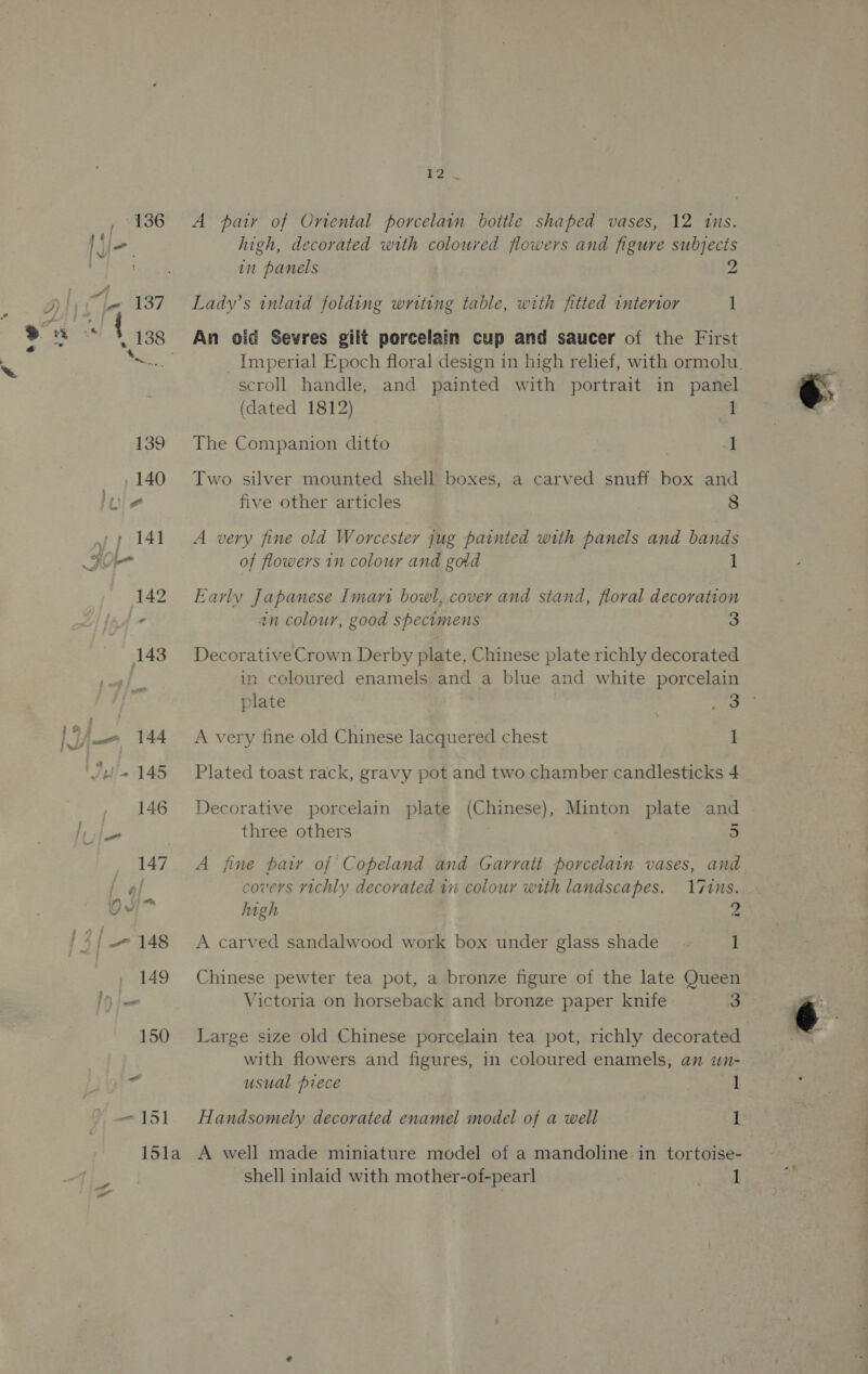 \ PS high, decorated with coloured flowers and figure subjects in panels 2 Lady’s inlaid folding writing table, with fitted intertor ] An old Sevres gilt porcelain cup and saucer of the First scroll handle, and painted with portrait in panel (dated 1812) 1 The Companion ditto 1 Two silver mounted shell boxes, a carved snuff box and five other articles 8 A very fine old Worcester jug painted with panels and bands of flowers in colour and gold 1 Early Japanese Imari bowl, cover and stand, floral decoration an colour, good specimens “] Decorative Crown Derby plate, Chinese plate richly decorated in coloured enamels and a blue and white porcelain A very fine old Chinese lacquered chest 1 Plated toast rack, gravy pot and two chamber candlesticks 4 Decorative porcelain plate (Chinese), Minton plate and three others ) A fine patr of Copeland and Garratt porcelain vases, and covers richly decorated ii colour with landscapes. 171s. high A carved sandalwood work box under glass shade 1 Chinese pewter tea pot, a bronze figure of the late Queen Large size old Chinese porcelain tea pot, richly decorated with flowers and figures, in coloured enamels, an wn- Handsomely decorated enamel model of a well 1 A well made miniature model of a mandoline in tortoise- shell inlaid with mother-of-pearl 1