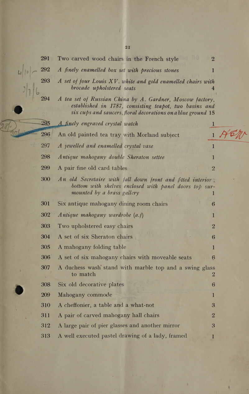   308 9 x 310 311 312 313 21 Two carved wood chairs in the French style 2 A finely enamelled box set with precious stones 1 A set of four Louis XV. white and gold enamelled chairs with brocade upholstered seats 4 A tea set of Russian China by A. Gardner, Moscow factory, established in 1787, consisting teapot, two basins and six cups and saucers, floral decorations ona blue ground 15 ely engraved crystal watch aly Stes An old painted tea tray with Morland subject 1 /YE4Y A jewelled and enamelled crystal vase l “ Antique mahogany double Sheraton settee 1 A pair fine old card tables 2 An old Secretaire with fall down front and fitted interior ; bottom with shelves enclosed with panel doors top sur- mounted by a brass gallery 1 Six antique mahogany dining room chairs 6 | Antique mahogany wardrobe (a./) 1 Two upholstered easy chairs 2 A set of six Sheraton chairs 6 A mahogany folding table 1 A set of six mahogany chairs with moveable seats 6 A duchess wash stand with marble top and a swing glass to match 2 Six old decorative plates 6 Mahogany commode 1 A cheffonier, a table and a what-not 3 A pair of carved mahogany hall chairs 2 A large pair of pies glasses and another mirror 3 A well executed pastel drawing of a lady, framed 1