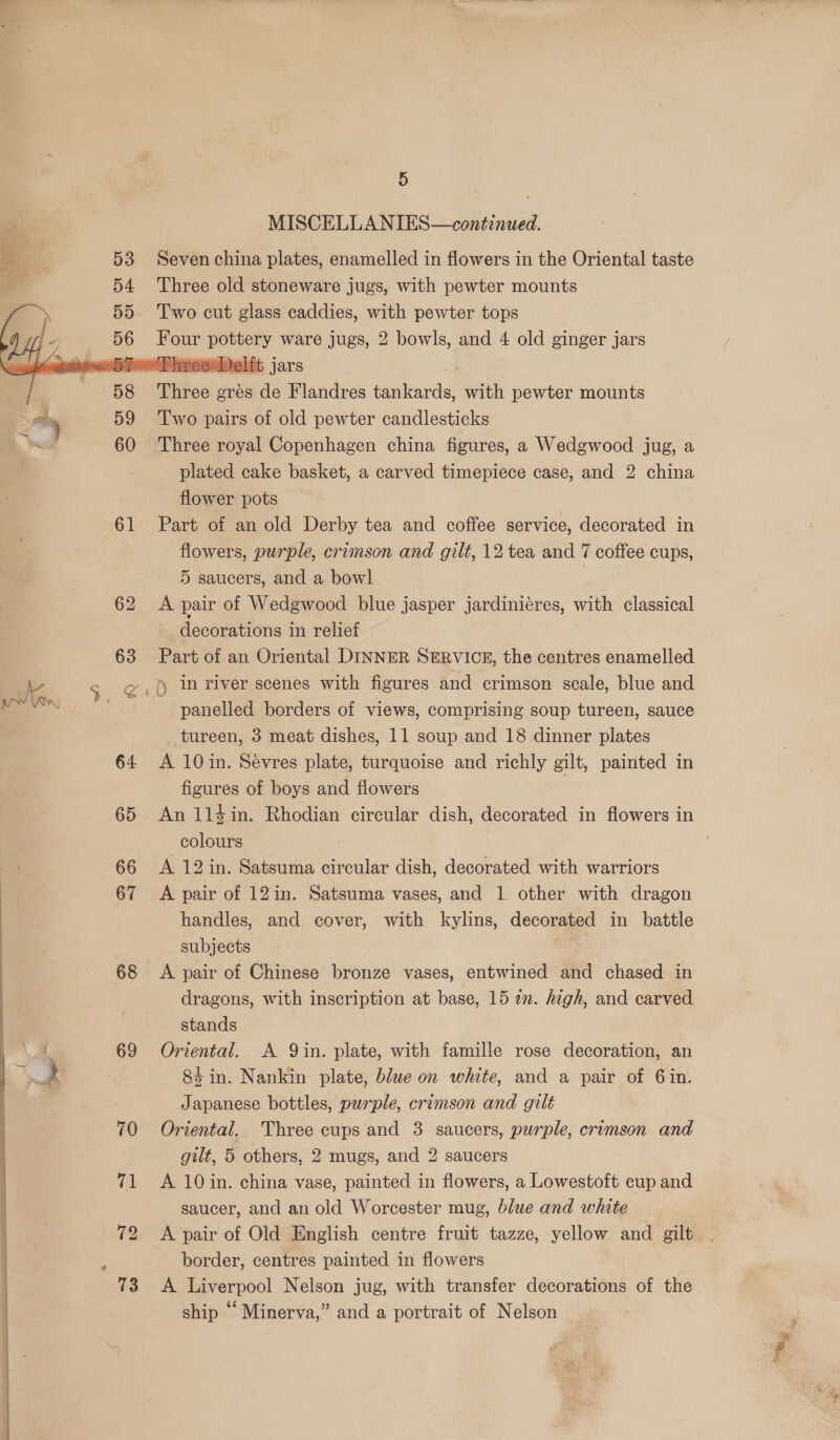 MISCELLANIES—continued. ei. ee 53 Seven china plates, enamelled in flowers in the Oriental taste r 54 Three old stoneware jugs, with pewter mounts 55. Two cut glass eaddies, with pewter tops 56 Four pottery ware jugs, 2 bowls, and 4 old ginger jars bye Phreesbelit jars 58 ‘Three grés de Flandres tankards, with pewter mounts     # BR es ay 59 ‘Two pairs of old pewter candlesticks a vod 60 Three royal Copenhagen china figures, a Wedgwood jug, a plated cake basket, a carved timepiece case, and 2 china flower pots 61 Part of an old Derby tea and coffee service, decorated in flowers, purple, crimson and gilt, 12 tea and 7 coffee cups, 5 saucers, and a bowl 62 A pair of Wedgwood blue jasper jardini¢res, with classical decorations in relief 63 Part of an Oriental DINNER SERVICE, the centres enamelled aK saad in river scenes with figures and crimson scale, blue and hi panelled borders of views, comprising soup tureen, sauce tureen, 3 meat dishes, 11 soup and 18 dinner plates 64 &lt;A 10 in. Sevres plate, turquoise and richly gilt, painted in figures of boys and flowers 65 An 114in. Rhodian circular dish, decorated in flowers in colours 66 A 12in. Satsuma circular dish, decorated with warriors 67 A pair of 12in. Satsuma vases, and 1. other with dragon handles, and cover, with kylins, decorated in battle subjects 68 &lt;A pair of Chinese bronze vases, entwined and chased in dragons, with inscription at base, 15 277. high, and carved stands J 69 Oriental. &lt;A Qin. plate, with famille rose decoration, an &amp; } | 84 in. Nankin plate, blue on white, and a pair of 6in. Japanese bottles, purple, crimson and gilt 70 Oriental, Three cups and 3 saucers, purple, crimson and gilt, 5 others, 2 mugs, and 2 saucers 71 A 10 in. china vase, painted in flowers, a Lowestoft cup and saucer, and an old Worcester mug, blue and white 72° Apair of Old English centre fruit tazze, yellow and gilt , border, centres painted in flowers 73 &lt;A Liverpool Nelson jug, with transfer decorations of the ship “ Minerva,” and a portrait of Nelson 
