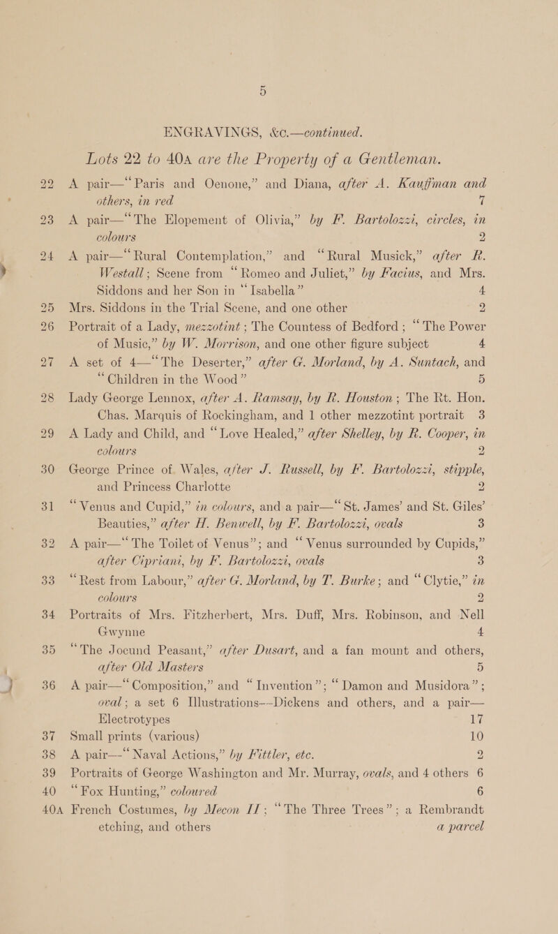 ay” bS bo 30 31 40 ENGRAVINGS, &amp;¢.—continued. Lots 22 to 404 are the Property of a Gentleman. A pair— Paris and Oenone,” and Diana, after A. Kauffman and others, in red i A pair— The Elopement of Olivia,” by F. Bartolozzi, circles, in colours 2 A pair—‘Rural Contemplation,’ and “Rural Musick,” after R. Westall; Scene from “Romeo and Juliet,” by Facius, and Mrs. Siddons and her Son in “ Isabella” 4 Mrs. Siddons in the Trial Scene, and one other 2 Portrait of a Lady, mezzotint ; The Countess of Bedford ; “ The Power of Music,” by W. Morrison, and one other figure subject 4 A set of 4—“The Deserter,” after G. Morland, by A. Suntach, and “Children in the Wood” 5 Lady George Lennox, after 4. Ramsay, by R. Houston; The Rt. Hon. Chas. Marquis of Rockingham, and 1 other mezzotint portrait 3 A Lady and Child, and “Love Healed,” after Shelley, by R. Cooper, in colours 2 George Prince of. Wales, after J. Russell, by F. Bartolozzi, stipple, and Princess Charlotte 2 66 ° e ° 66 ° Venus and Cupid,” zz colours, and a pair— St. James’ and St. Giles’ Beauties,” after H. Benwell, by F. Bartolozzi, ovals 3 A pair—‘ The Toilet of Venus”; and “ Venus surrounded by Cupids,” after Cipriani, by F. Bartoloza, ovals 3 ‘Rest from Labour,” after G. Morland, by T. Burke; and “Clytie,” in colours 2 Portraits of Mrs. Fitzherbert, Mrs. Duff, Mrs. Robinson, and Nell Gwynne 4 “The Jocund Peasant,” after Dusart, and a fan mount and others, after Old Masters 5 A pair—‘ Composition,” and “ Invention”; “Damon and Musidora” ; oval; a set 6 Illustrations--Dickens and others, and a pair— Hlectrotypes 17 Small prints (various) 10 A pair—- Naval Actions,” by Fittler, ete. 2 Portraits of George Washington and Mr. Murray, ovals, and 4 others 6 “Fox Hunting,” coloured 6 etching, and others a parcel