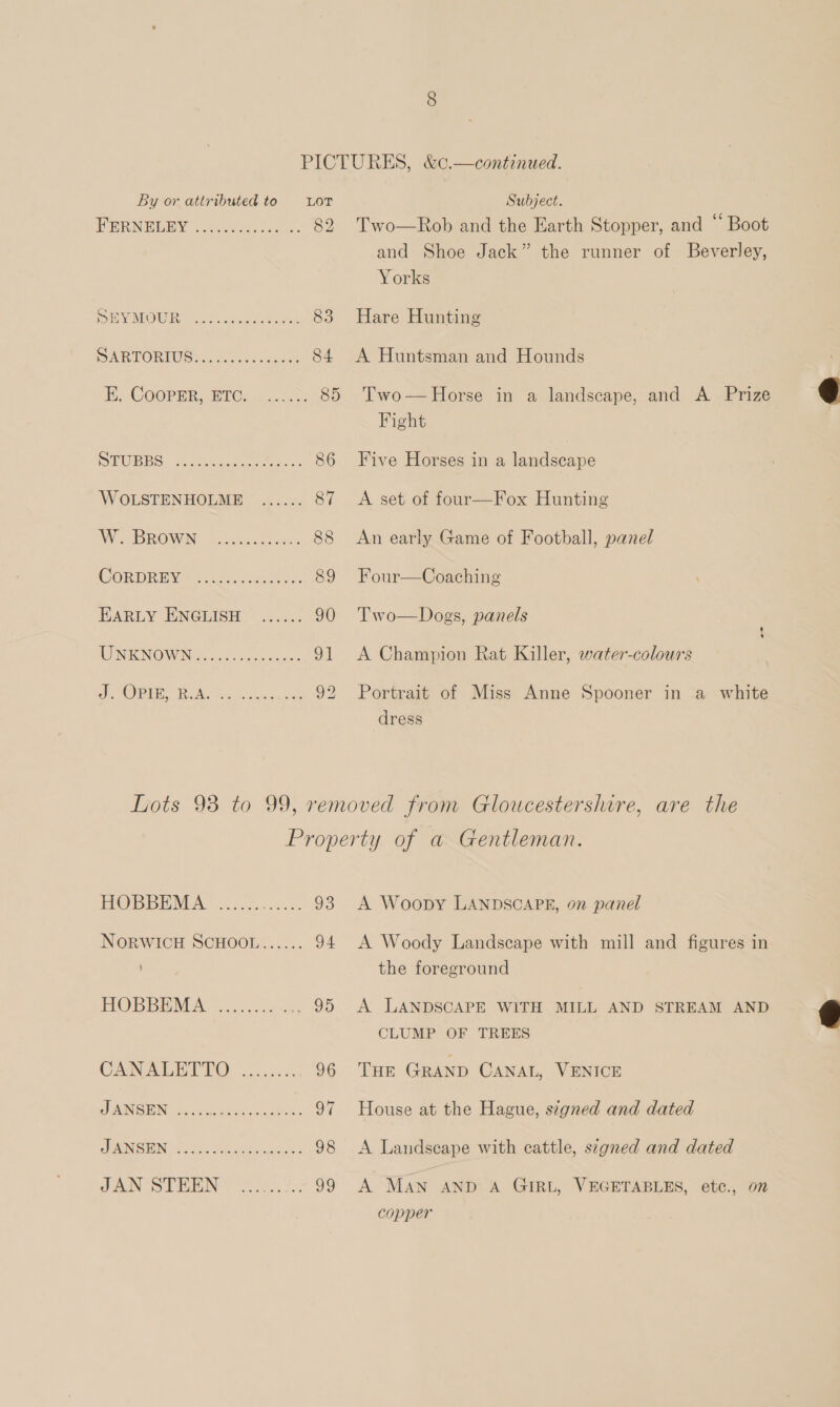 ERNE Y tse en 82 SPV MOWR 04) ate dos aes 83 SARTORMGyuh isos sais 84 Ey COOPER; SBTC) ticocs 3: 85 STUBBS, Nivtencl ates. 86 WOLSTENHOLME ...... 87 OV Se DROMWIN) Gacksnkenah: 88 CORDP Uae... soko: 89 EARLY ENGLISH ...... 90 WNINOWN So ccp venes 9] Sy OPIGS Rule sak aecks tae” Two—Rob and the Earth Stopper, and “ Boot and Shoe Jack” the runner of Beverley, Yorks Hare Hunting A Huntsman and Hounds  Two— Horse in a landscape, and A Prize Fight Five Horses in a landscape A set of four—Fox Hunting An early Game of Football, panel Four—Coaching Two—Dogs, panels oo A Champion Rat Killer, water-colours Portrait of Miss Anne Spooner in a white dress FIOBBEMA .2.25..052. 93 NORWICH SCHOOL...... 94 HOBBEMA Sesc.ci ce 95 CANA ETO | oc. 96 AARNE eos 3 Geese pacha. 97 CEN OING P18 a es see 98 JAN STEEN 99 A Woopy LANDSCAPE, on panel A Woody Landscape with mill and figures in the foreground A LANDSCAPE WITH MILL AND STREAM AND CLUMP OF TREES  THE GRAND CANAL, VENICE House at the Hague, signed and dated A Landscape with cattle, segned and dated A MAN AND A GIRL, VEGETABLES, etc., 072 copper