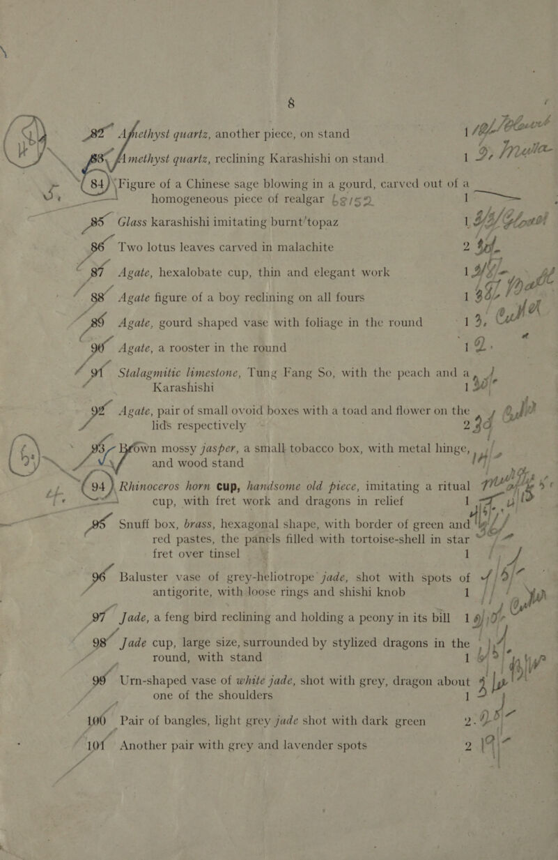  *    a a ae ys yor methyst quartz, reclining Karashishi on stand 1 2, ru Nsa) Figure of a Chinese sage blowing in a gourd, car wack out of a a4 homogeneous piece of realgar Le/59 Gee Po Glass karashishi imitating burnt’topaz 1; YI Loa f. Rei Two lotus leaves carved in malachite 2 $e. ; Agate, hexalobate cup, thin and elegant work 1a - tt i fo i ; *. 88 Agate figure of a boy reclining on all fours 1 44) ) al Si ‘0 gi Agate, gourd shaped vase with foliage in the round “19, ek : a oe Agate, a rooster in the round 1 d) P Stalagmitic limestone, Tung Fang So, with the peach and - - Karashisht 1 46) : fe Agate, pair of small ovoid boxes with a toad and flower on the ad lids respectively 2 3d i own mossy jasper, a small tobacco box, with metal hinge, ce and wood stand 14 a Rhinoceros horn cup, handsome old piece, imitating a ritual 7 wrt ie of. cup, with fret work and dragons in relief 1 pit $/*,*, | Snuff box, brass, hexagonal shape, with border of green andl red pastes, the panels filled. with tortoise-shell in star fre fret over tinsel 1 ou Baluster vase of grey-heliotrope jade, shot with spots Lee . antigorite, with loose rings and shishi knob ot Jade, a feng bird reclining and holding a peony in its bill 1 D) i € 98 jade cup, large size, surrounded by stylized dragons in the oy round, with stand f \ of Urn-shaped vase of white jade, shot with grey, dragon about ee. ‘yt \ one of the shoulders 06 Pair of bangles, light grey jade shot with dark green 2: i) . | fi ve Another pair with grey and lavender spots 9 19 \- Ww : ]