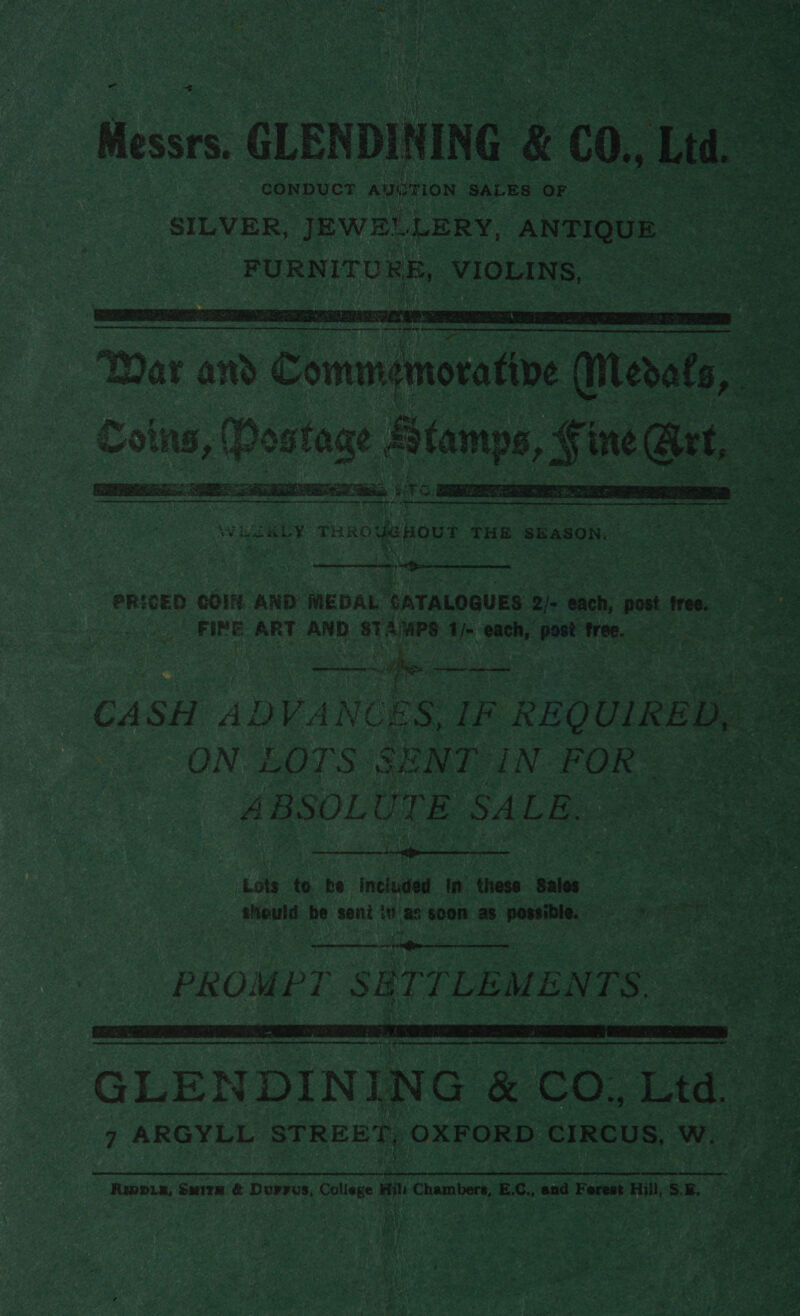   a WAR ibe Te on = vs + 7 oF stk em * SsLy uno yehour a THE ‘SEASON.  PRICED COIN AND: MEDAL GATALOGUES 2) eich; “post tree, FIRE: ART AND 2 a Aare gt each, 1 oat tree, ie 2 ON. LOTS SR NT: IN: POR ABSOLUTE SALE  Loe ta: be ‘ineulel in ‘hase Sales ine ‘i sent sl as soon: ion Meson of Sartre ments 4 GLEN noe, ri ca Ltd. 7. ys             