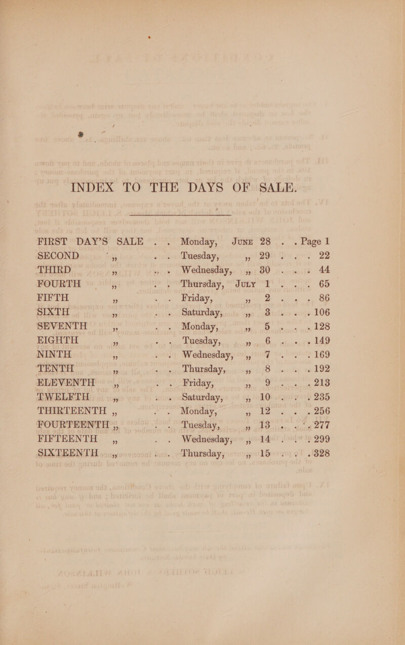 SECOND THIRD FOURTH FIFTH SIXTH SEVENTH EIGHTH NINTH TENTH TWELFTH ? 9 ?? 9 23 9 7 ”? »” ”? ”) ”) Monday, JUNE 28 Tuesday, i! 29 Wednesday, ,, 30 Thursday, Jury 1 Friday, noth 2 Saturday, io 28 Monday, in ae Tuesday, ats Wednesday, ,, 7 Thursday, 1/8 Friday, ore Saturday, j 010 Monday, ae Tuesday, i abe Wednesday, ,, 14 Thursday, gi lB . Page 1 22 44 65 86 106 . 128 . 149 . 169 . 192 . 218 . 235 . 256 277 299 . 328