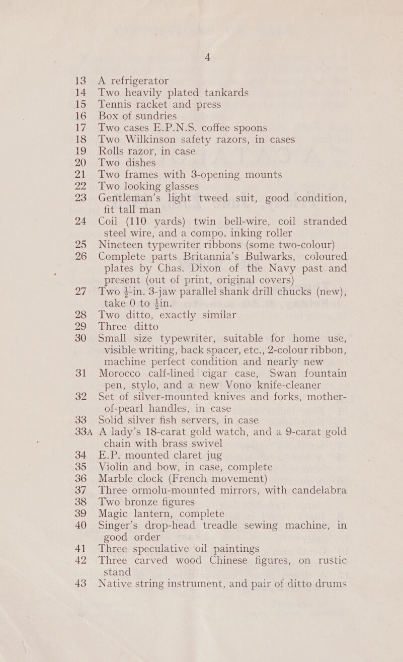 A refrigerator Two heavily plated tankards Tennis racket and press Box of sundries Two cases E.P.N.S. coffee spoons Two Wilkinson safety razors, in cases Rolls razor, in case Two dishes Two frames with 3-opening mounts Two looking glasses Gentleman’s light tweed suit, good condition, fit tall man Coil (110 yards) twin bell-wire, coil stranded steel wire, and a compo. inking roller Nineteen typewriter ribbons (some two-colour) Complete parts Britannia’s Bulwarks, coloured plates by Chas. Dixon of the Navy past and present (out of print, original covers) Two 4-in. 3-jaw parallel shank drill chucks (new), take 0 to jin. Two ditto, exactly similar Three ditto . Small size typewriter, suitable for home use, visible writing, back spacer, etc., 2-colour ribbon, machine perfect condition and nearly new Morocco calf-lined cigar case, Swan fountain pen, stylo, and a new Vono knife-cleaner Set of silver-mounted knives and forks, mother- of-pearl handles, in case Solid silver fish servers, in case A lady’s 18-carat gold watch, and a 9-carat gold chain with brass swivel E.P. mounted claret jug Violin and bow, in case, complete Marble clock (French movement) Three ormolu-mounted mirrors, with candelabra Two bronze figures Magic lantern, complete Singer’s drop-head treadle sewing machine, in good order Three speculative oil paintings Three carved wood Chinese figures, on rustic stand Native string instrument, and pair of ditto drums